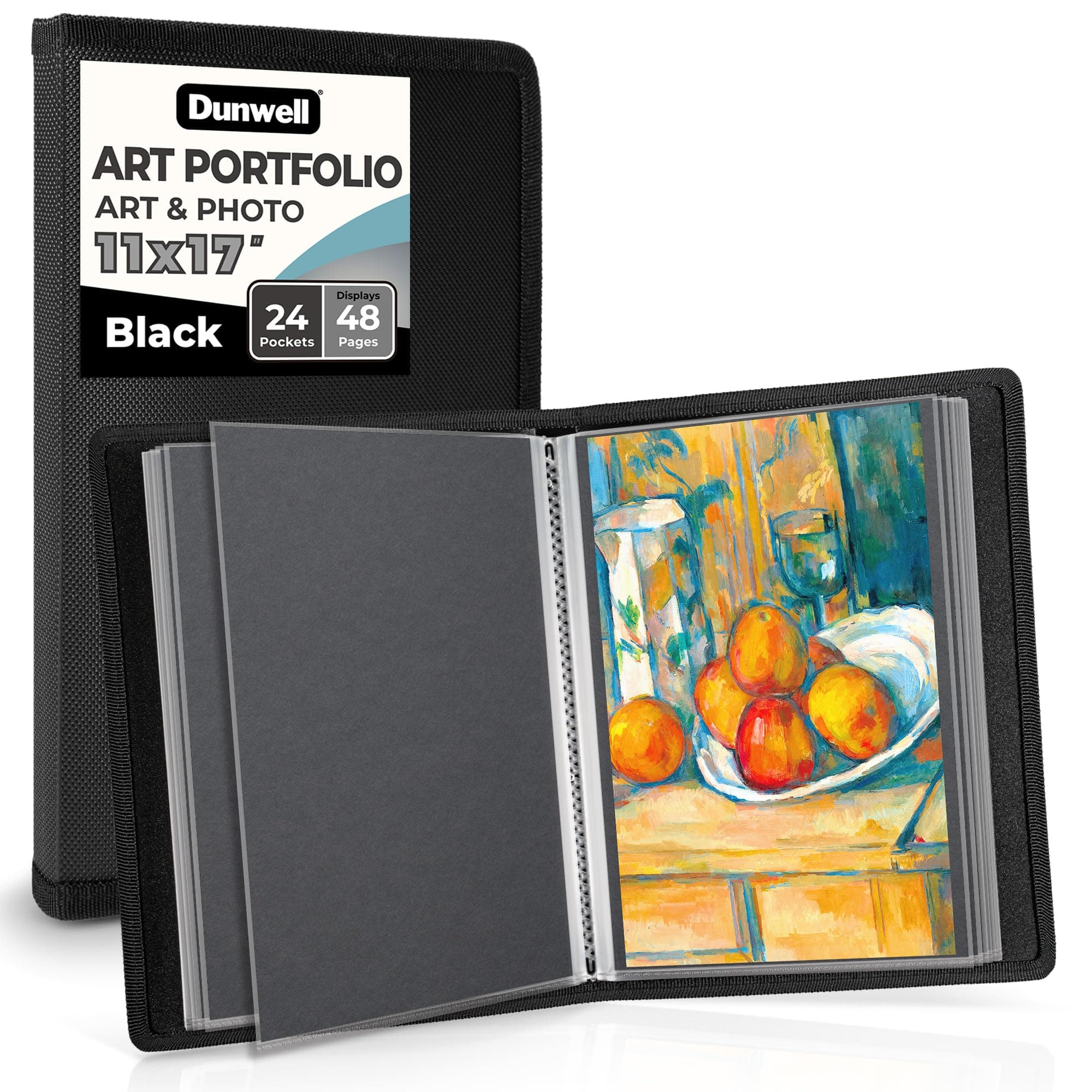 Dunwell Art Portfolio 11x17 - (Black) Large Portfolio Folder for Artwork, 11x17 Inches, Art Folder, 24 Pockets, 48 Pages Display, Portfolio Album, Artwork Storage, Presentation Book with Clear Sleeve