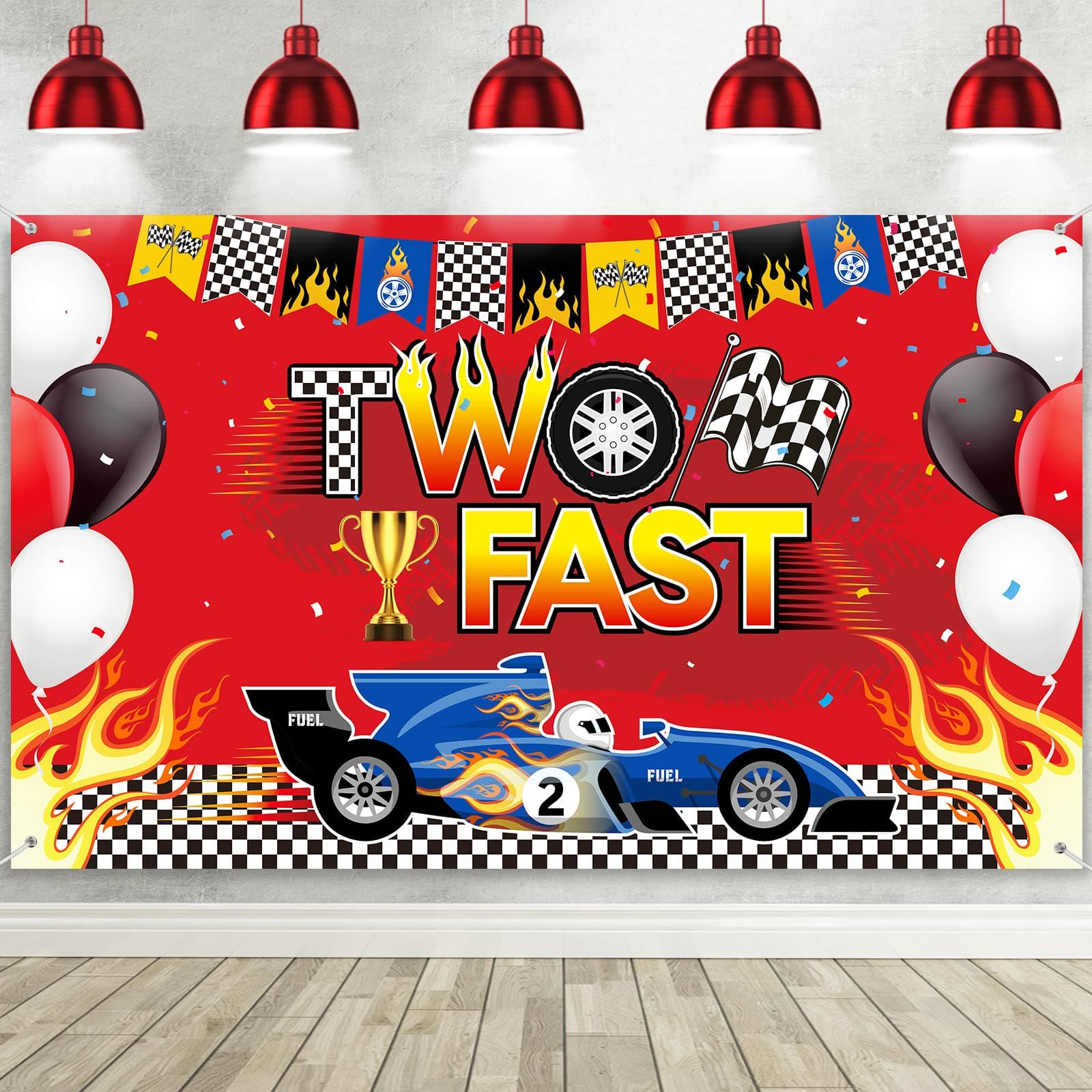 Oudain Car Racing Two Fast Banner Birthday Backdrop - Car Themed Party Decorations, Photo Background, Party Supplies for Birthday Photography Decor, 71 x 43 Inches