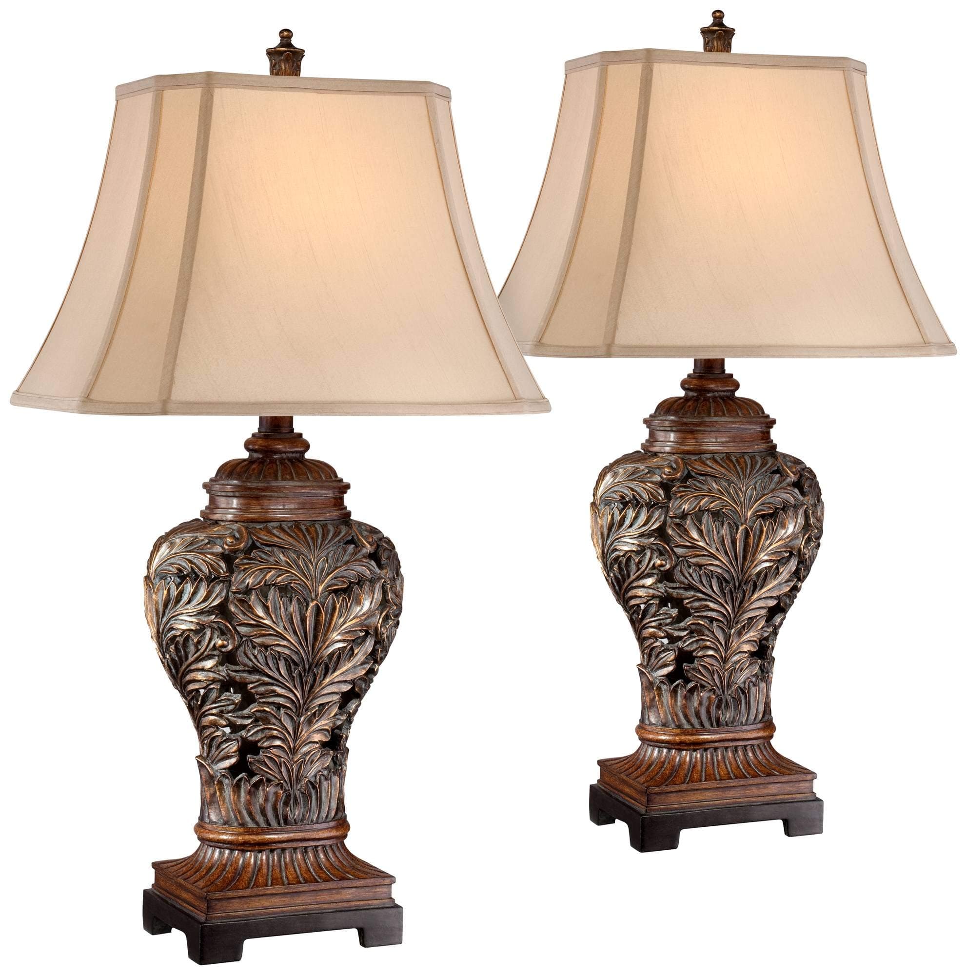 Barnes and Ivy Traditional Table Lamps 32.5" Tall Set of 2 Bronze Brown Carved Leaf Openwork Vase Tan Rectangular Shade Decor for Living Room Bedroom House Bedside Nightstand Home Office