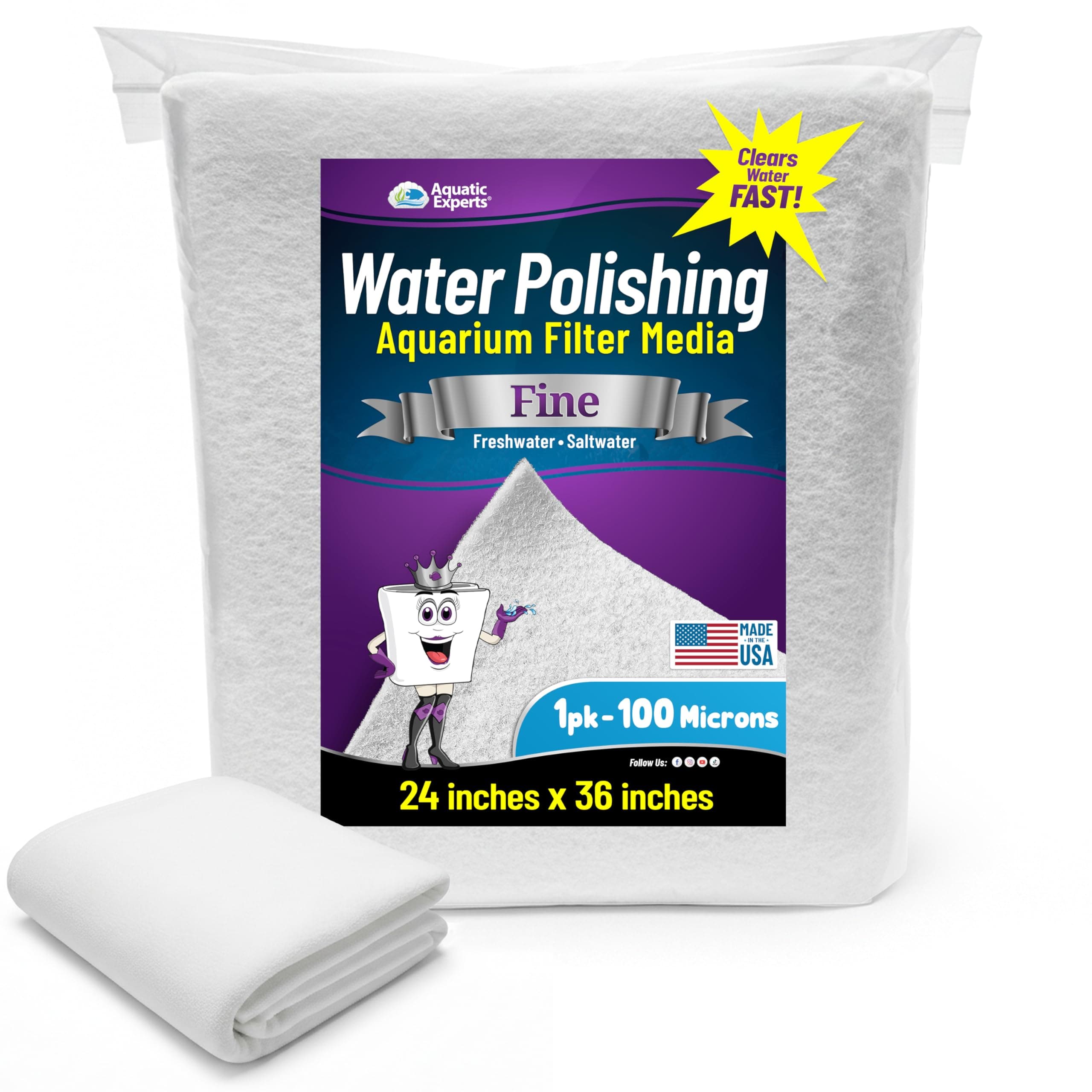 Aquatic Experts Aquarium Polishing Filter Pad, Water Polishing Pad for Aquarium Filters, Filter Floss for Fish Tank Filters, (100 Micron, 24" x 36" - 1 Pack)