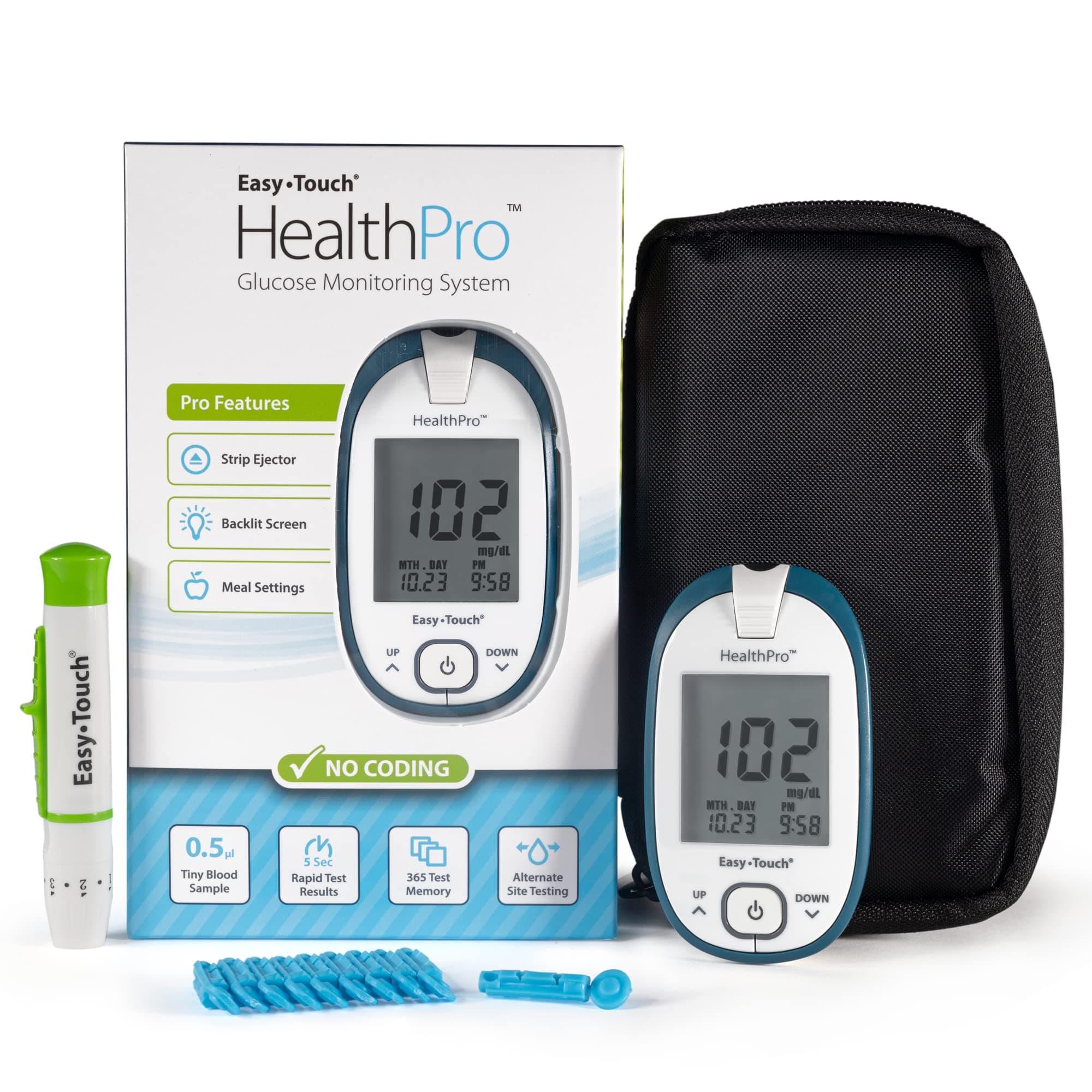 HealthPro Blood Glucose Monitor System Kit by Easy Touch - Complete Diabetes Testing Starter Set with Glucose Meter, Lancing Device, 10 Twist Lancets, Carrying Case, Logbook, Quick Guide & Batteries