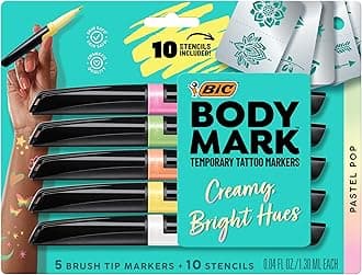 BODYMARK BIC Body Art Markers, Pastel Pop, Flexible Brush Tip, 5-Count Pack of Assorted Colors, Skin-Safe*, Cosmetic Quality
