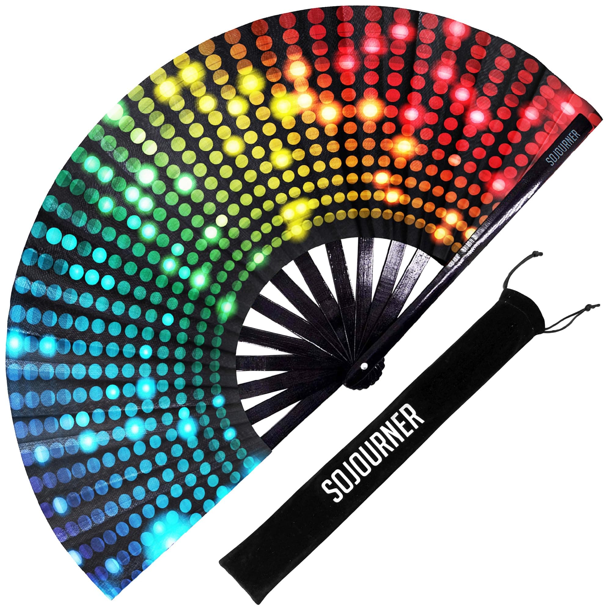SoJourner Bags Rave Fan - Large Folding Fan - Clack Fan Hand Fan for Raves, Halloween, Burlesque, Rainbow Outfits for Women & Festival Accessories
