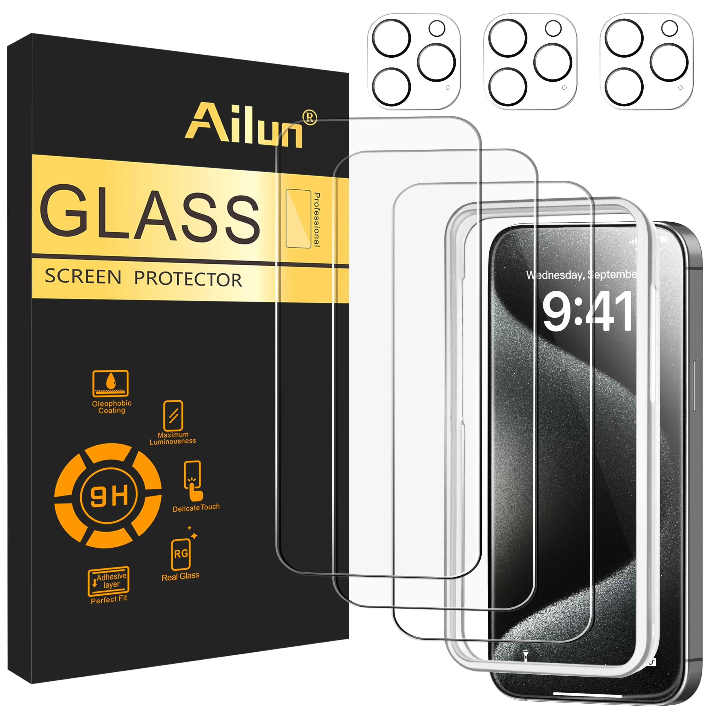 Ailun 3 Pack Screen Protector for iPhone 15 Pro Max [6.7 inch] + 3 Pack Camera Lens Protector with Installation Frame,Sensor Protection,Dynamic Island Compatible,Case Friendly Tempered Glass Film