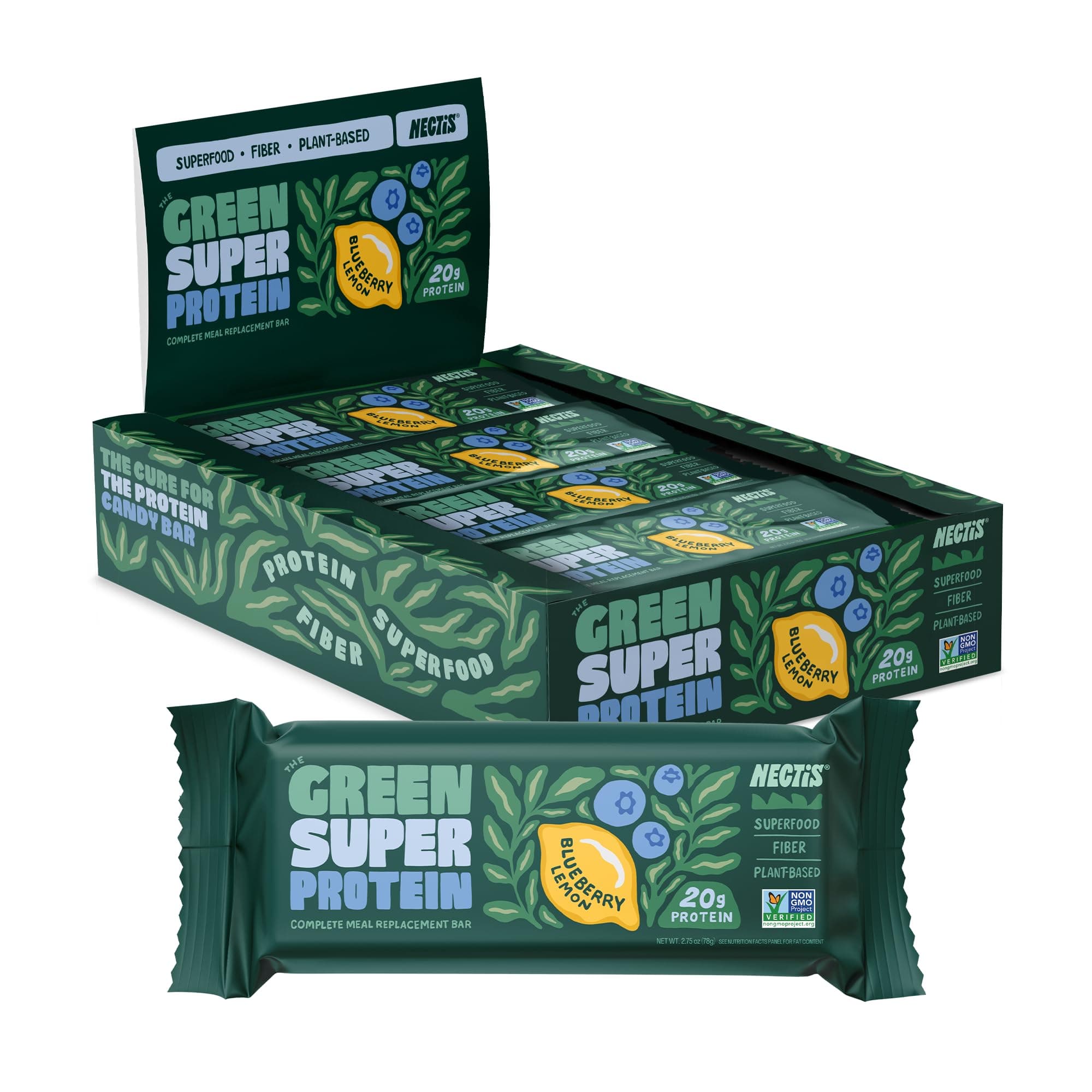 NECTISGreen Super Protein Meal Bars, Blueberry Lemon, 20g plant protein, Organic Greens, high fiber, vegan, no soy, non gmo, 78g bar, 8 Pack