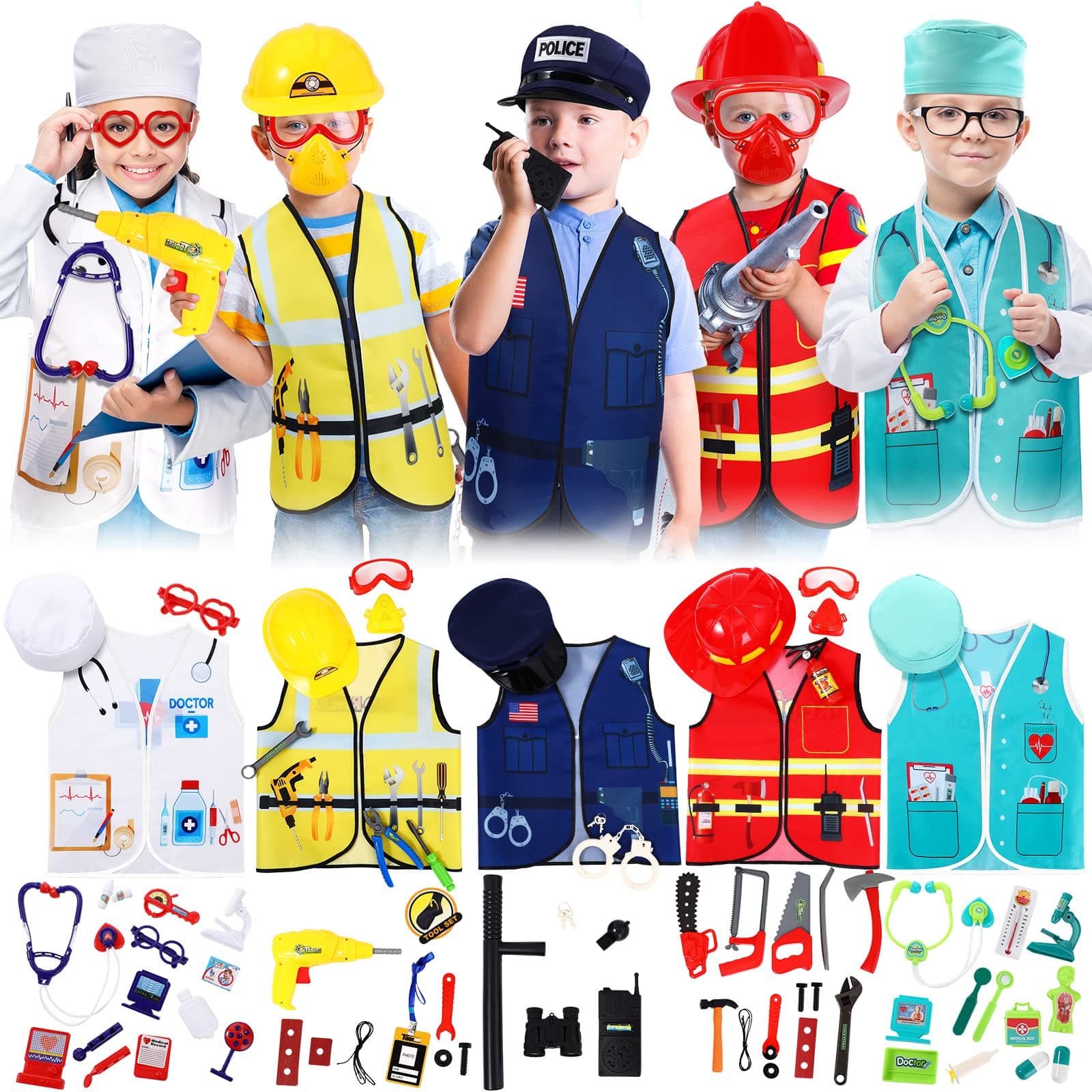 Deekin 5 Sets Kids Dressing up Costumes, Toddler Dressing up and Pretend Play for Age 3-7, Construction Worker, Police, Firefighter, Doctor, Surgeon Vest for Boys Girls Pretend Role Accessories