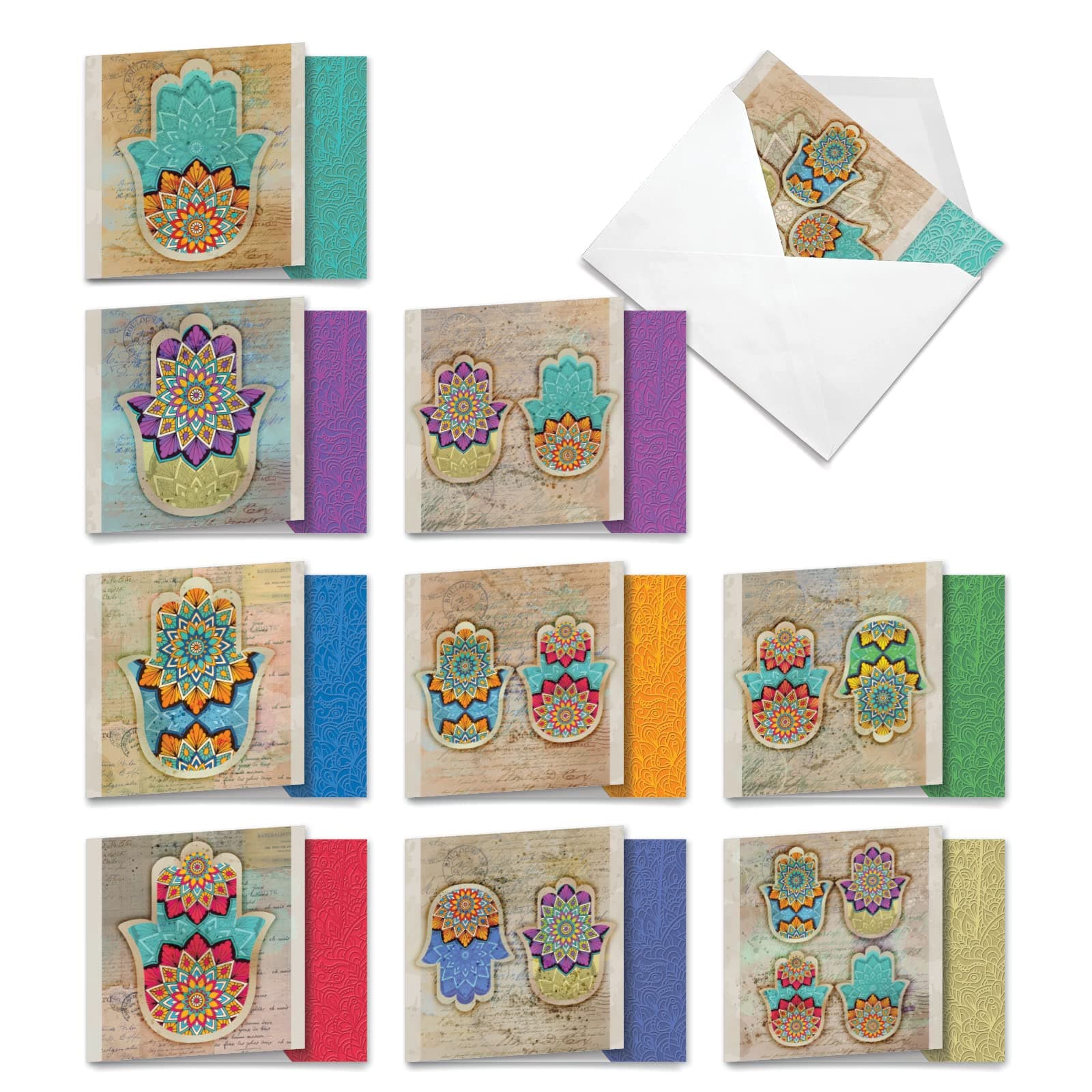 The Best Card Company - 10 Blank Note Cards Assortment for Men and Women (4 x 5.12 Inch) - Zen Patterns and Symbols, Bulk Boxed Set - Hamsa MQ5204OCB-B1x10