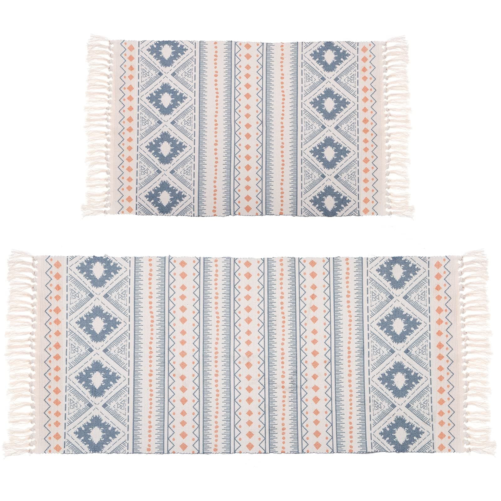 ZENFUN 2 Pack Cotton Area Rug with Tassel, Boho Rugs Washable Cotton Carpet, Hand Woven Bohemian Mat Throw Rugs Runner for Bathroom, Living Room, Bedroom, 2' x 3'+2' x 4'4"