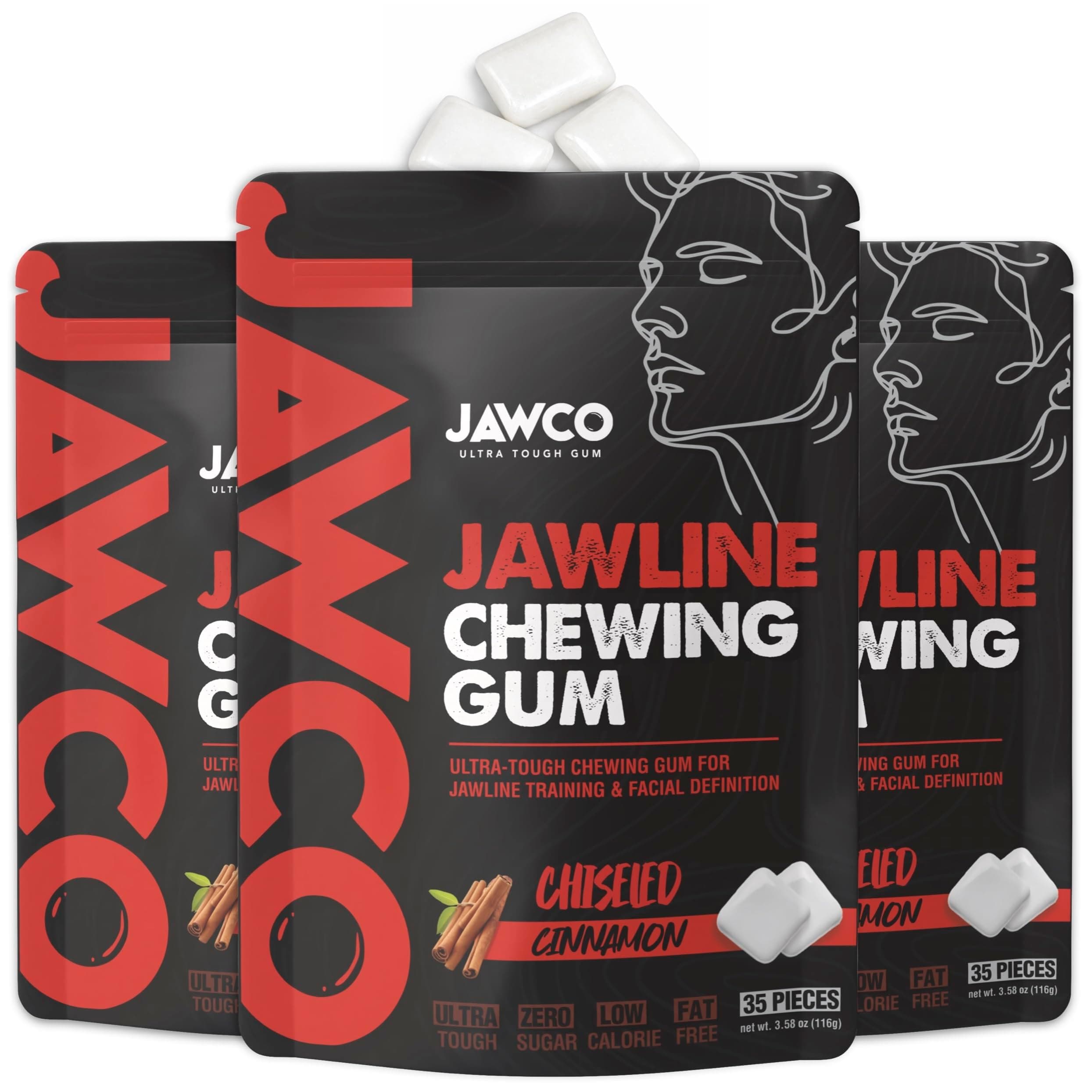 JAWCO Ultra-tough Jawline Chewing Gum | Get a Stronger, Squarer Jawline | Jaw Training Hard Gum | Chisel, Sculpt, Tone your Jaw | 15X Hardness | Facial Fitness Mewing Gum | Chiseled Cinnamon (6-Pack)