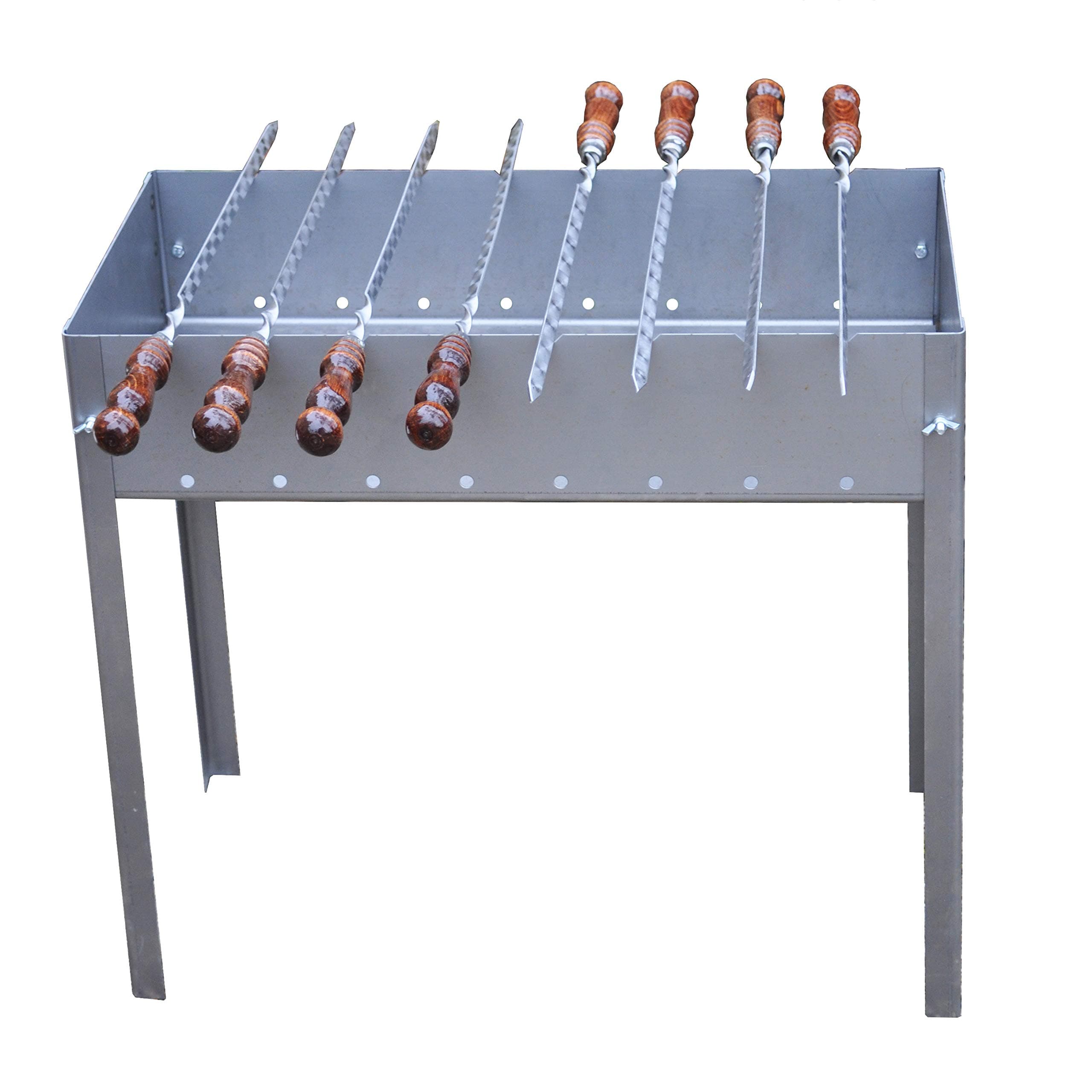 Barbecue Kit - Large Model - Mangal Russian&Caucasus with 8 Heart Shaped Metal Scewers with Wooden Handle - 1 Plastic Accessory for Fuel the Fire