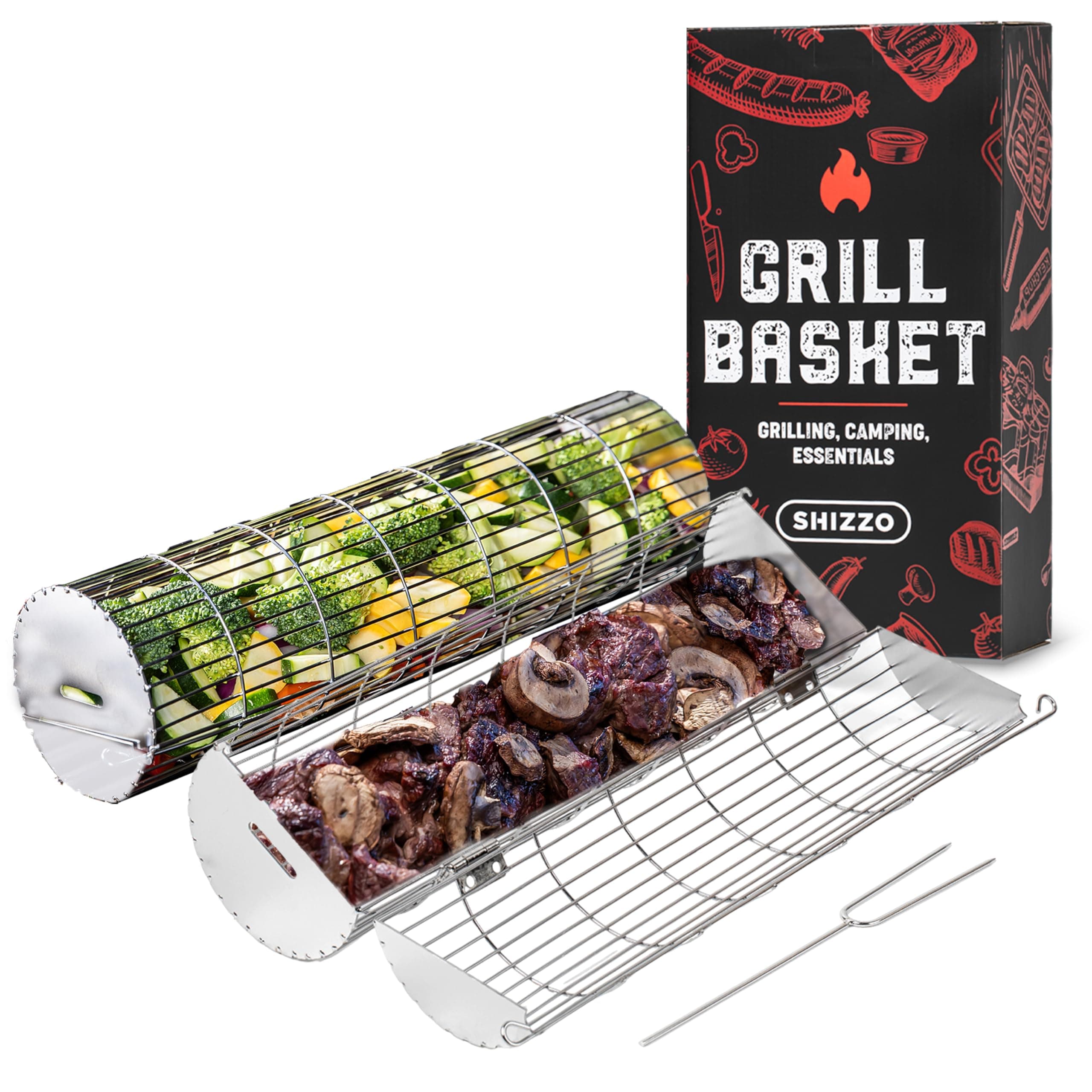 Rolling Grill Basket, New Opening Design, Extra Sturdy Cylinder Grilling Basket, Food Grade Stainless Steel, Large Portable Outdoor Camping accessories BBQ Net Rack, Cooking Griller for Fish, Vegetables, and More - Gifts for Men Dad Husband - Set of 2