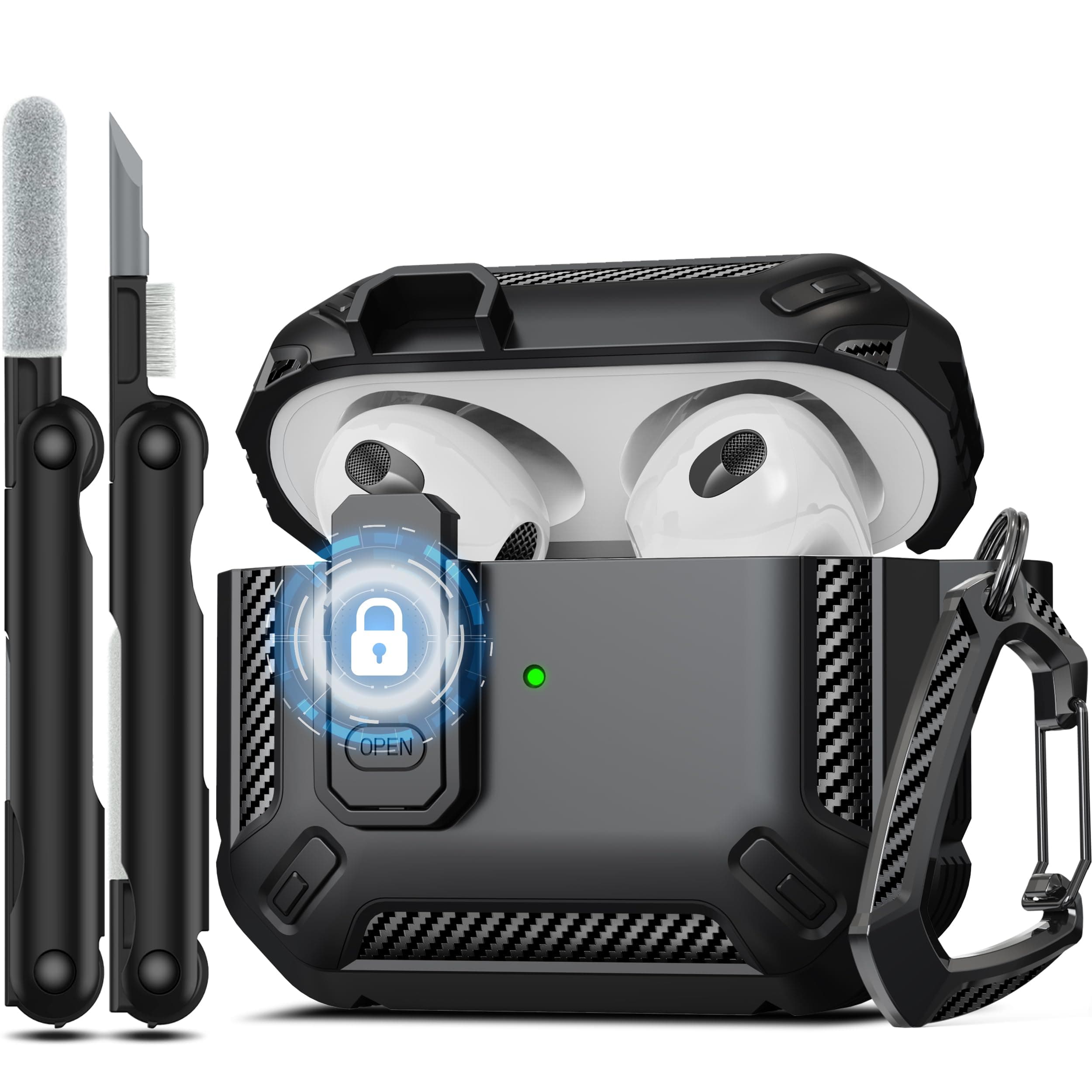 RFUNGUANGO for AirPods 3rd Generation Case Cover with Cleaner Kit, Military Hard Shell Protective Armor with Lock for AirPod Gen 3 Charging Case 2021,Front LED Visible,Black