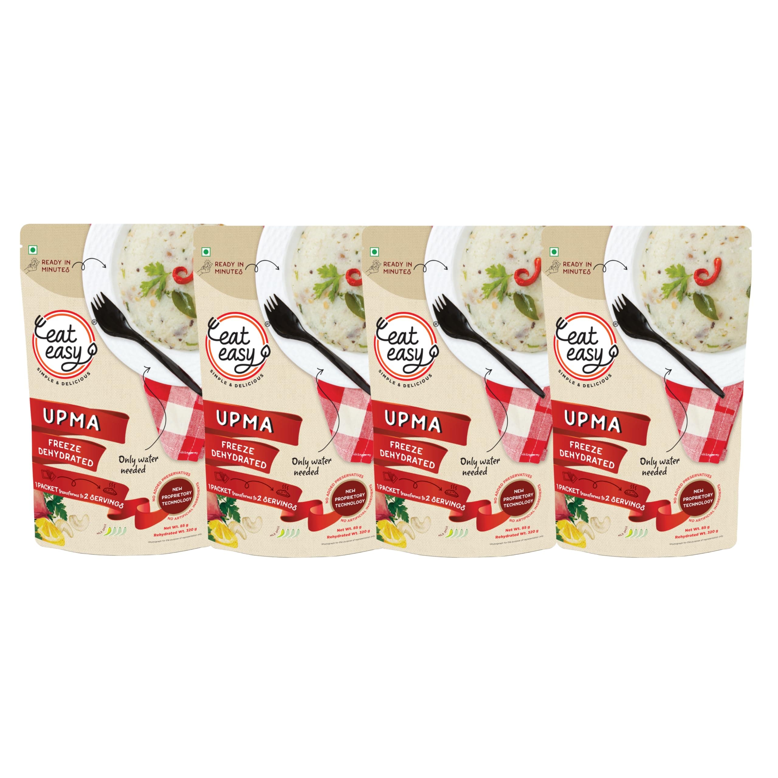 Eat Easy Ready To Eat Upma, 85gm of 1 Pack, Instant Food, Indian Meal, Travel Food, No Preservatives, No Added Artificial Colours & Flavours, Just Add Water and Cook (Pack of 4)
