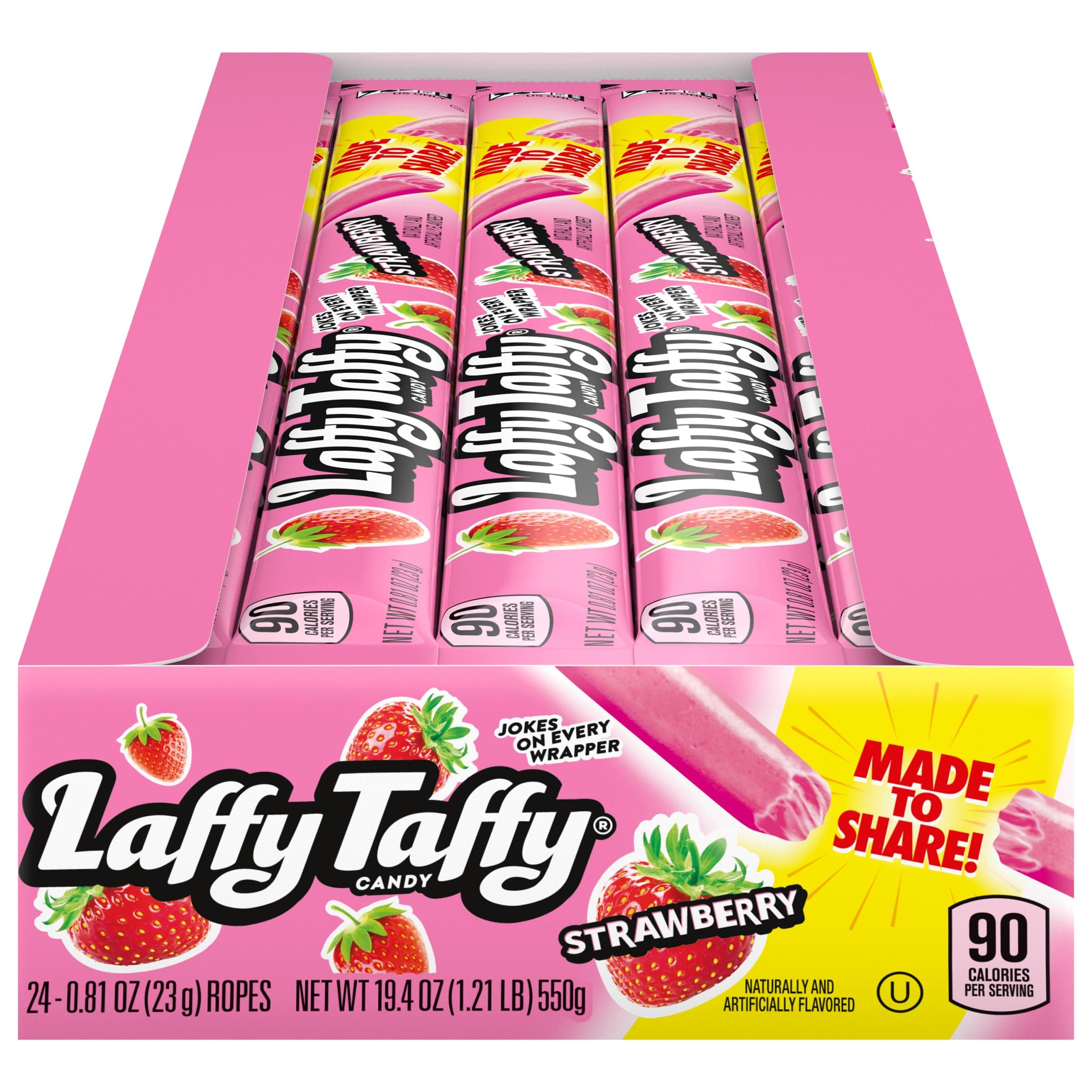 Laffy Taffy Strawberry Candy Rope, Pack of 24 x 23G - Individually Wrapped, Chewy American Candy for Kids, Teens & Adults, Kosher Certified Sweets - Ideal Holiday & Halloween Sweets