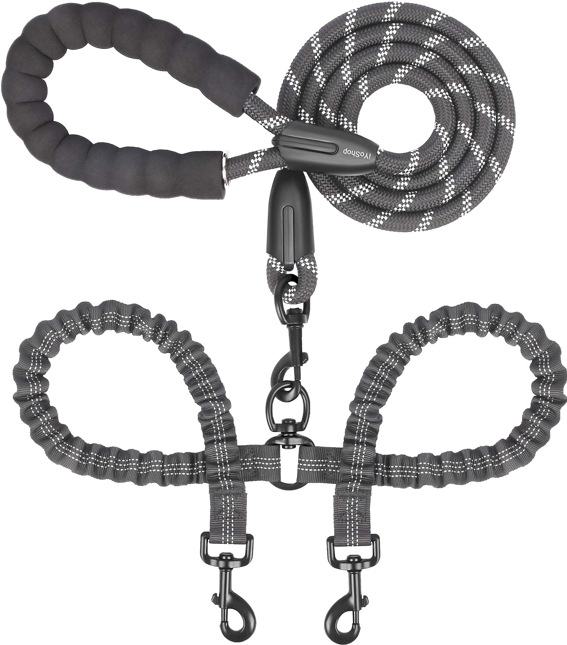 iYoShop Dual Dog Leash - 360° Swivel, No Tangle Walking Leash with Shock Absorbing Bungee for Two Dogs (Medium, 8-35 lbs, Black)