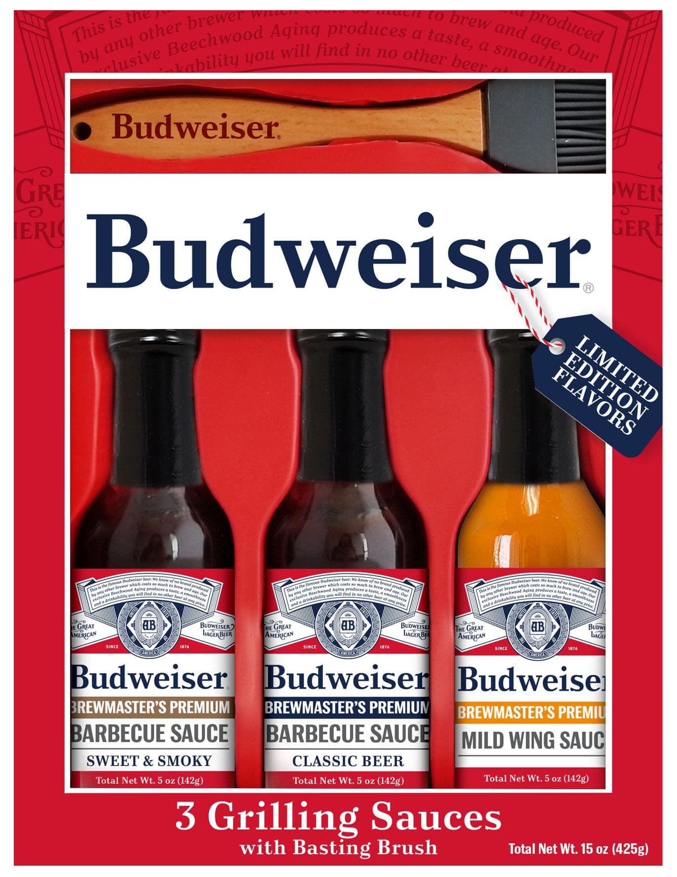 Budweiser BBQ Sauce Variety Pack - Grilling Sauce Gift Set with Basting Brush Perfect for Barbeques and Marinades - 3 x 6 oz
