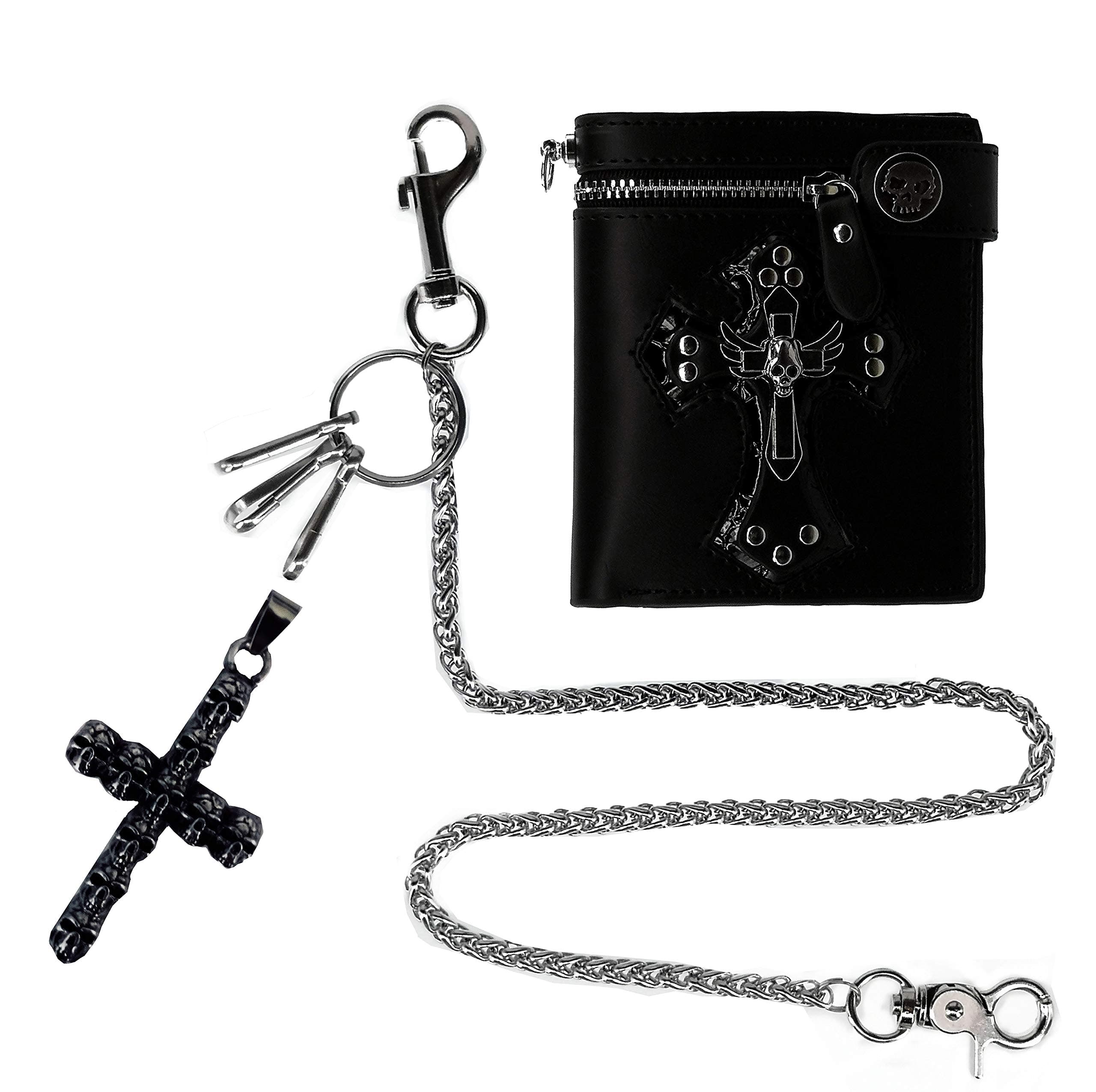 ABC STORY Biker Wallet with Chain Rocker Skull Wallet for Men Leather Bifold Black