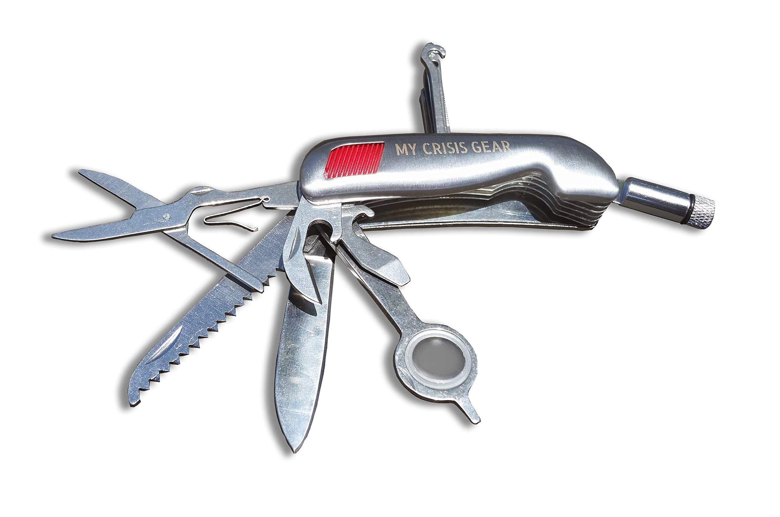 13 Function Pocket Tool Knife Stainless Steel with Built-in Led Flashlight Swiss Army Style Bottle Opener Can Opener Scissors Multi-Function Knife