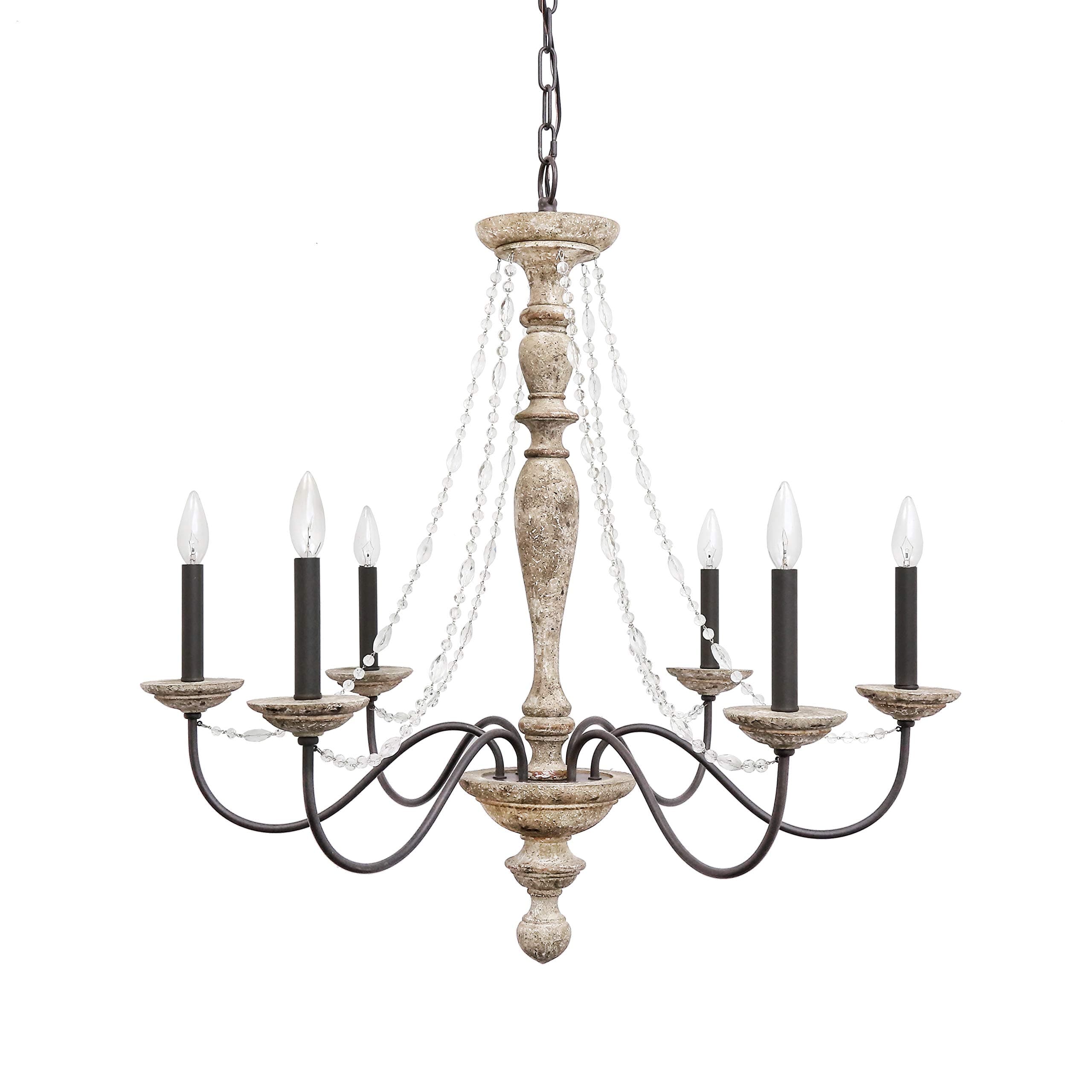 Jane French Country Rustic Crystal 6 Light Wood Chandelier