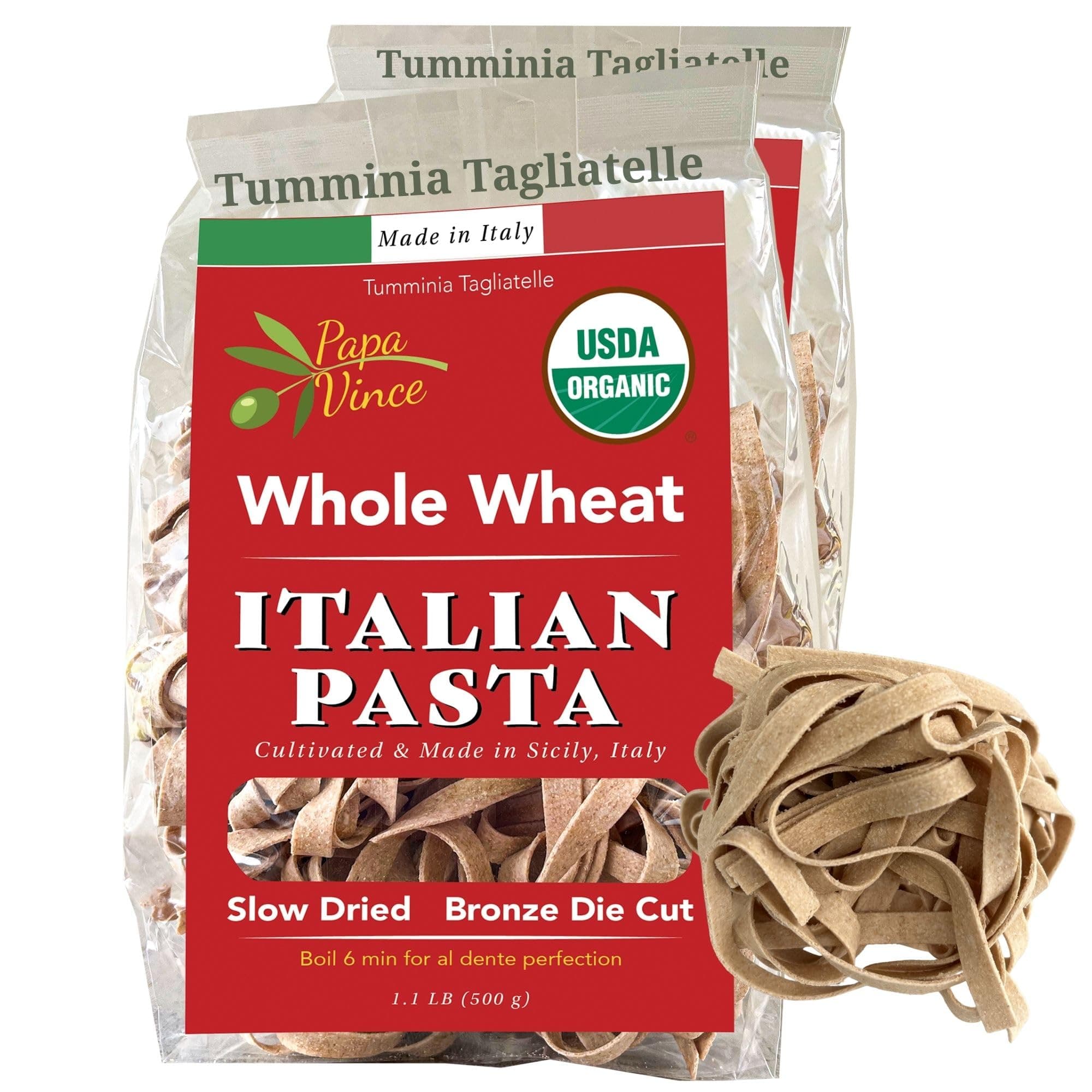 Organic Diabetic Friendly Pasta: Low GI Organic Whole Wheat Italian Pasta Made in Italy from Ancient Heirloom Grain. High Fiber, Slow Carb, Slow Dried, Bronze Cut, Non Enriched (Tagliatelle)