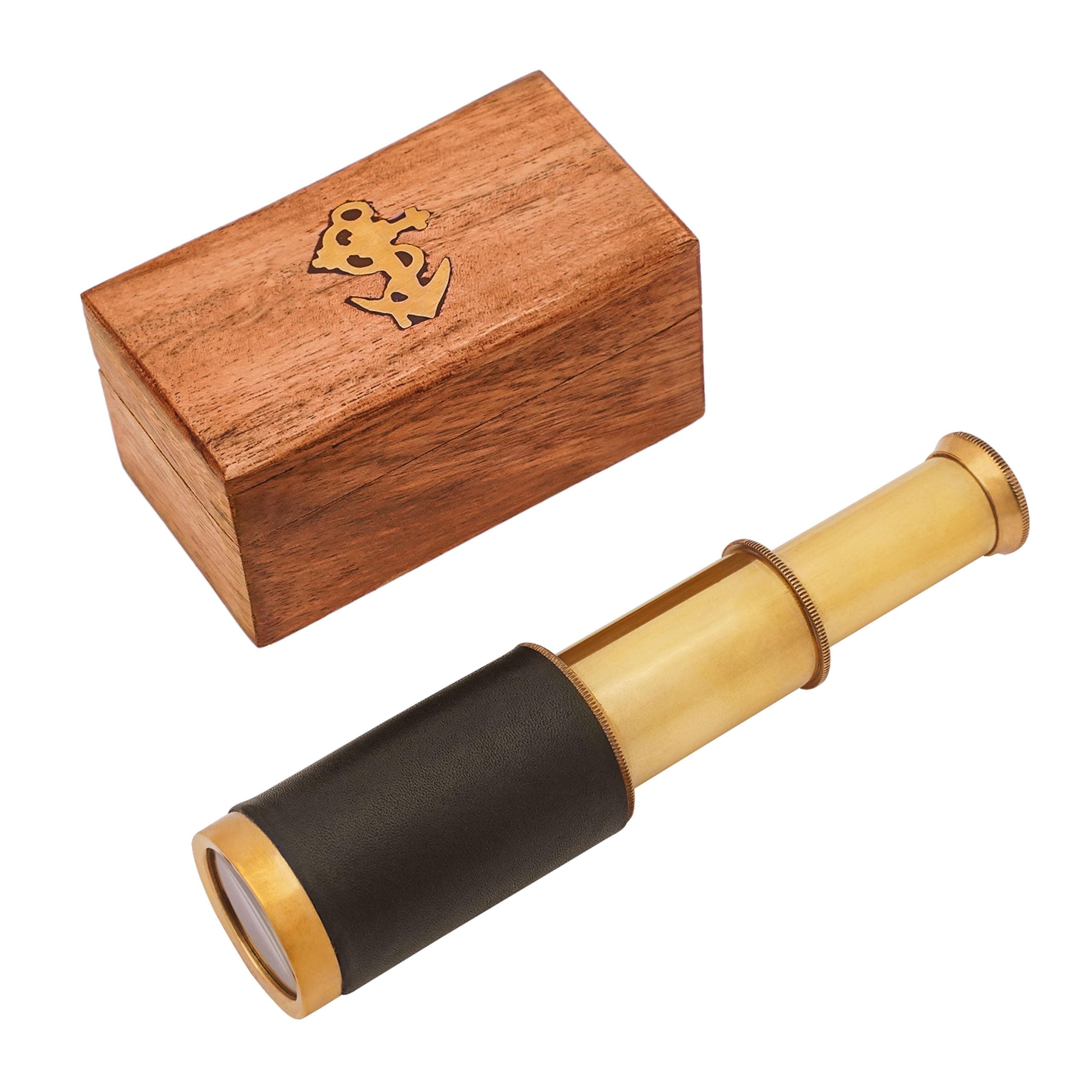 Mythrojan Brass Handheld Telescope 6" Mini Spyglass with Wooden Box, Pirate Binocular, Spyglass Collapsible Monocular Decorative Cosplay Accessory for Travellers, Adventures