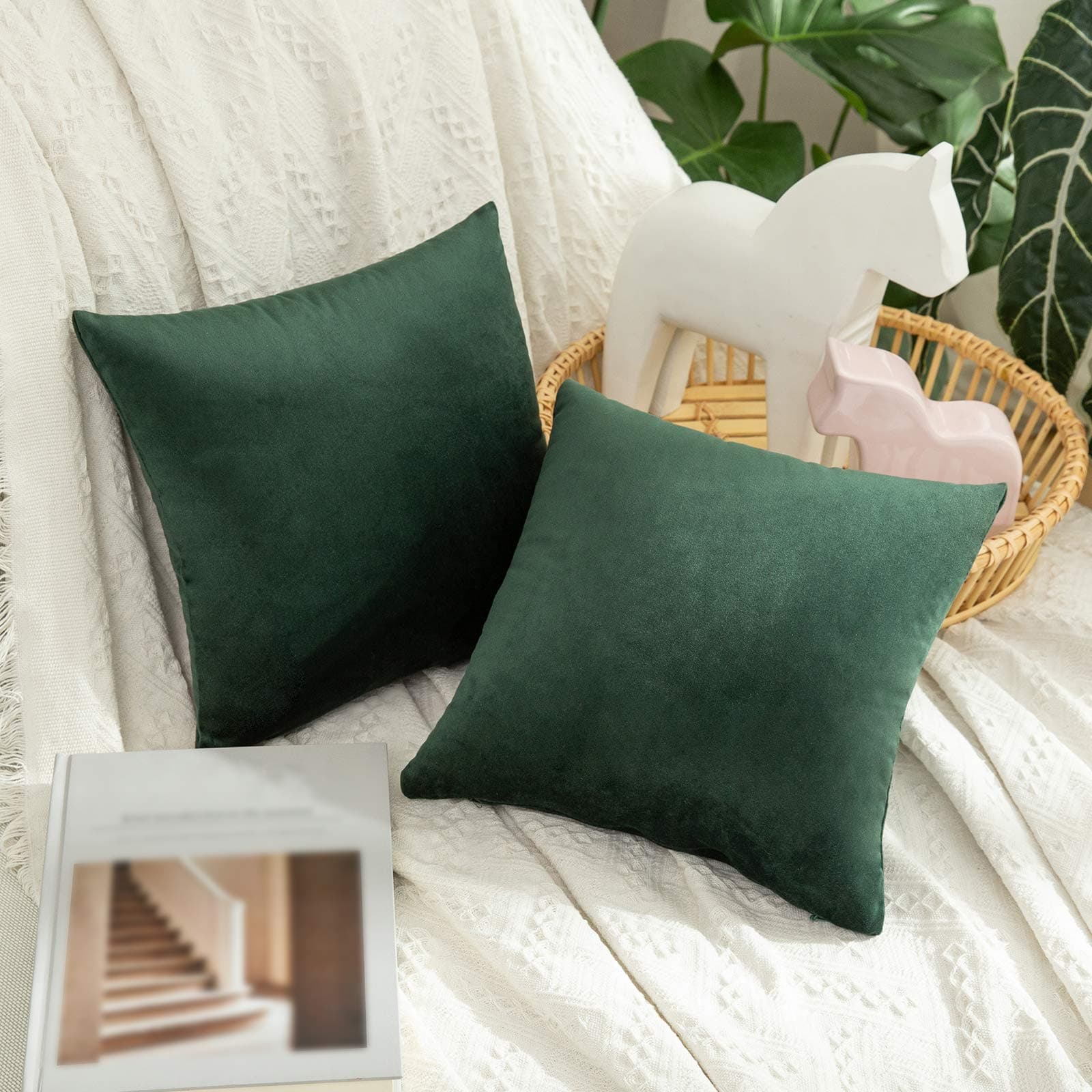 Pack of 2 Velvet Pillow Covers Decorative Square Pillowcase Soft Solid Cushion Case for Decor Sofa Bedroom Car 14 x 14 Inch Army Green