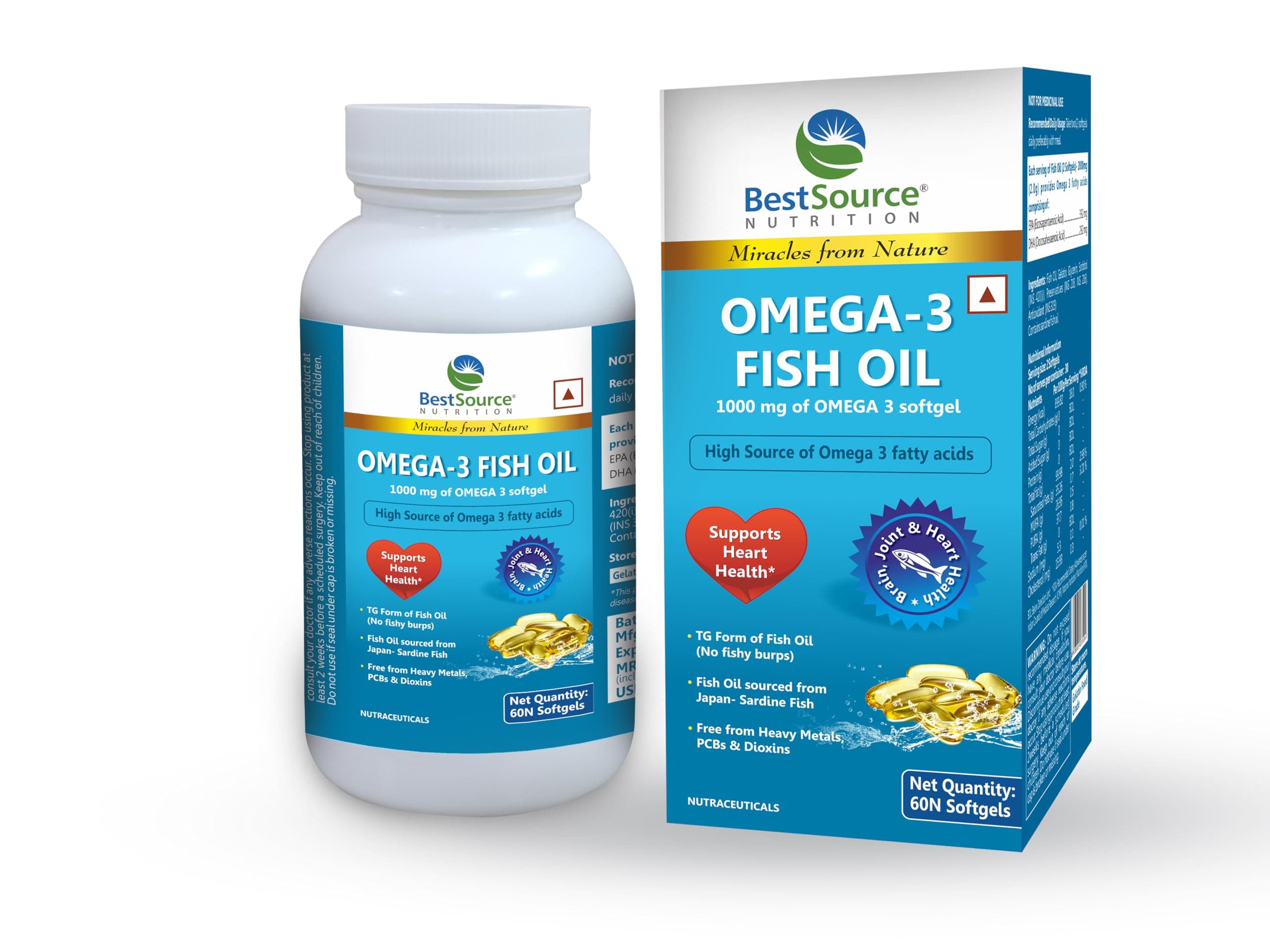 BestSource Omega 3 Fish Oil,(Upgraded EPA & DHA), 1000mg of Omega 3 capsule for healthy lipid profile, Free from Heavy Metals, PCBs, & Dioxins, No fishy smell, No burping, 60 softgels