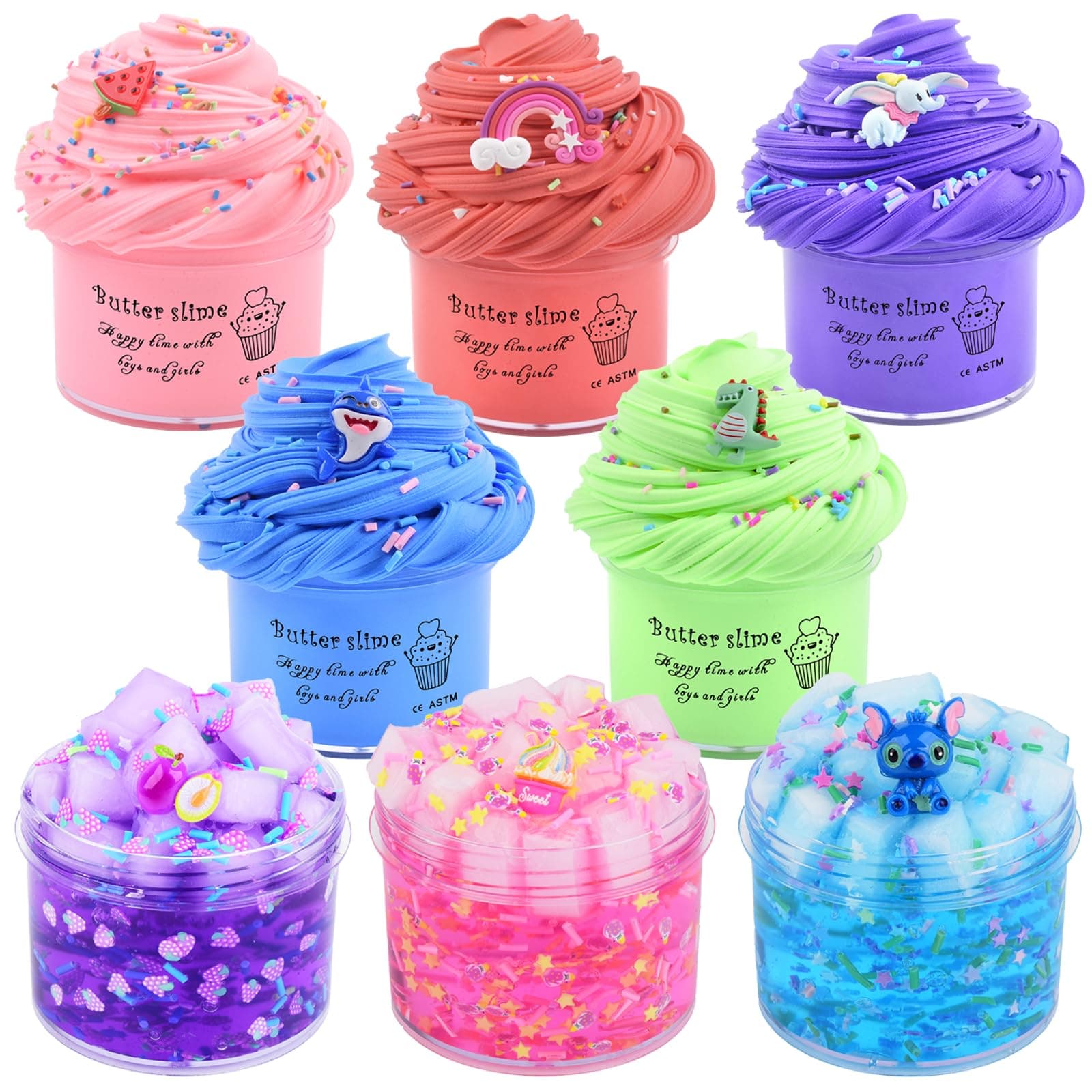 8 Pack Slime Kit, with 3 Jelly Cube Crunchy Slime and 5 Butter Slime, Crystal Slime Kit Toy, Soft and Non-Sticky for Girls Boys Party Gift, Super Cute Stress Kids Relief Toys