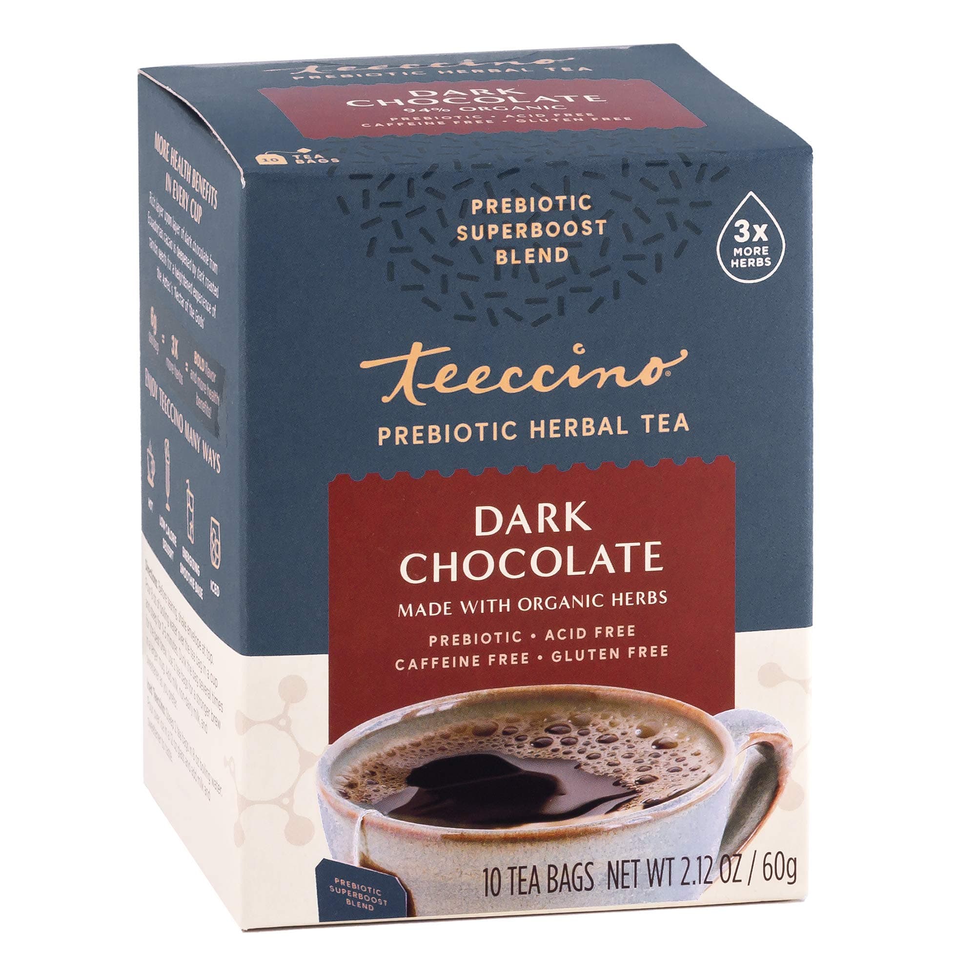 Teeccino Dark Chocolate - Prebiotic SuperBoost™ Herbal Tea - Support Your Probiotics with Prebiotics For Good Gut Health and Regularity, Digestive Chocolate Tea, 10 Tea Bags