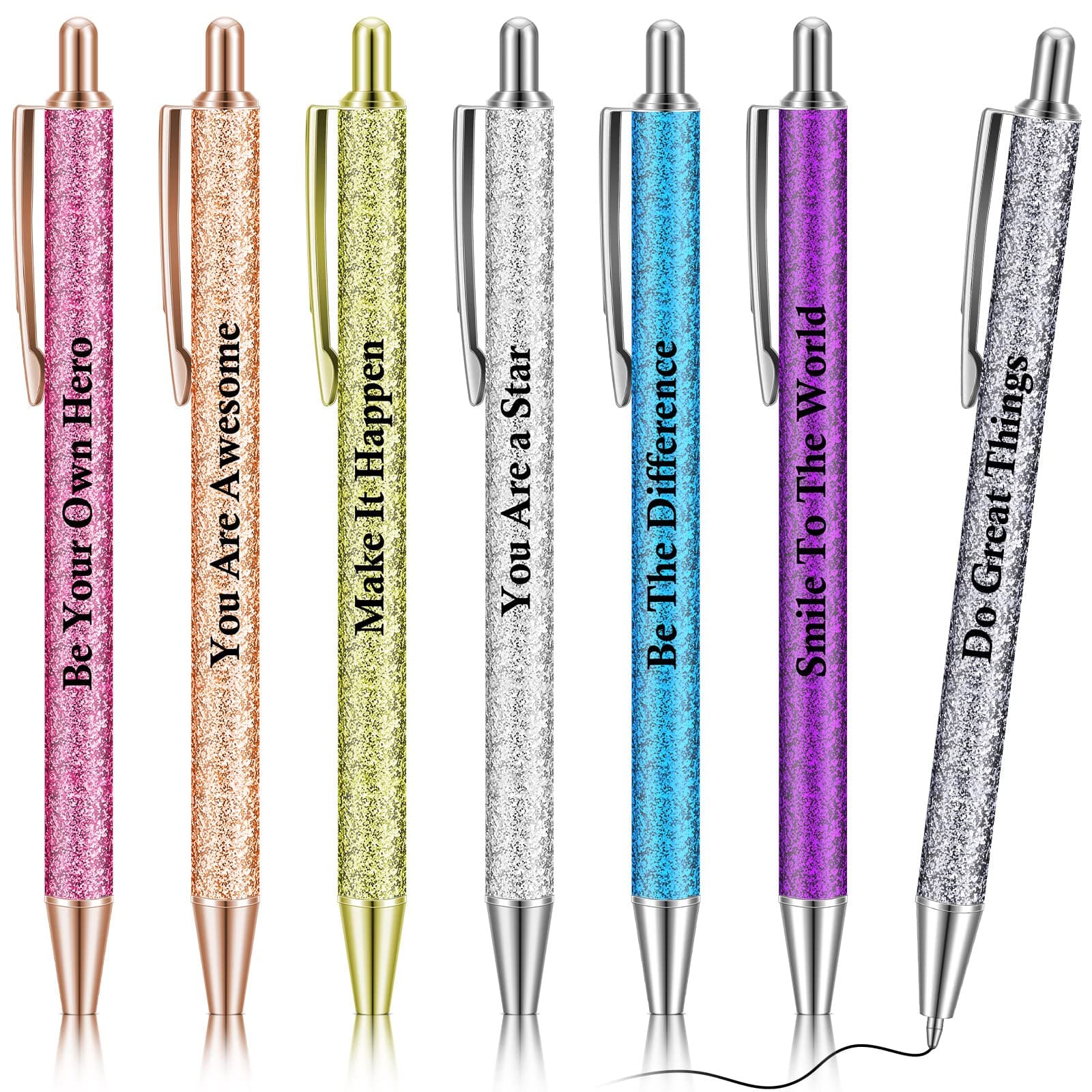 Geyee 7 Pcs Inspirational Pens glitter Motivational Quotes Encouraging Black Ink Pens Appreciation Gifts for Kids Students Women Men Office Supplies (Inspirational)