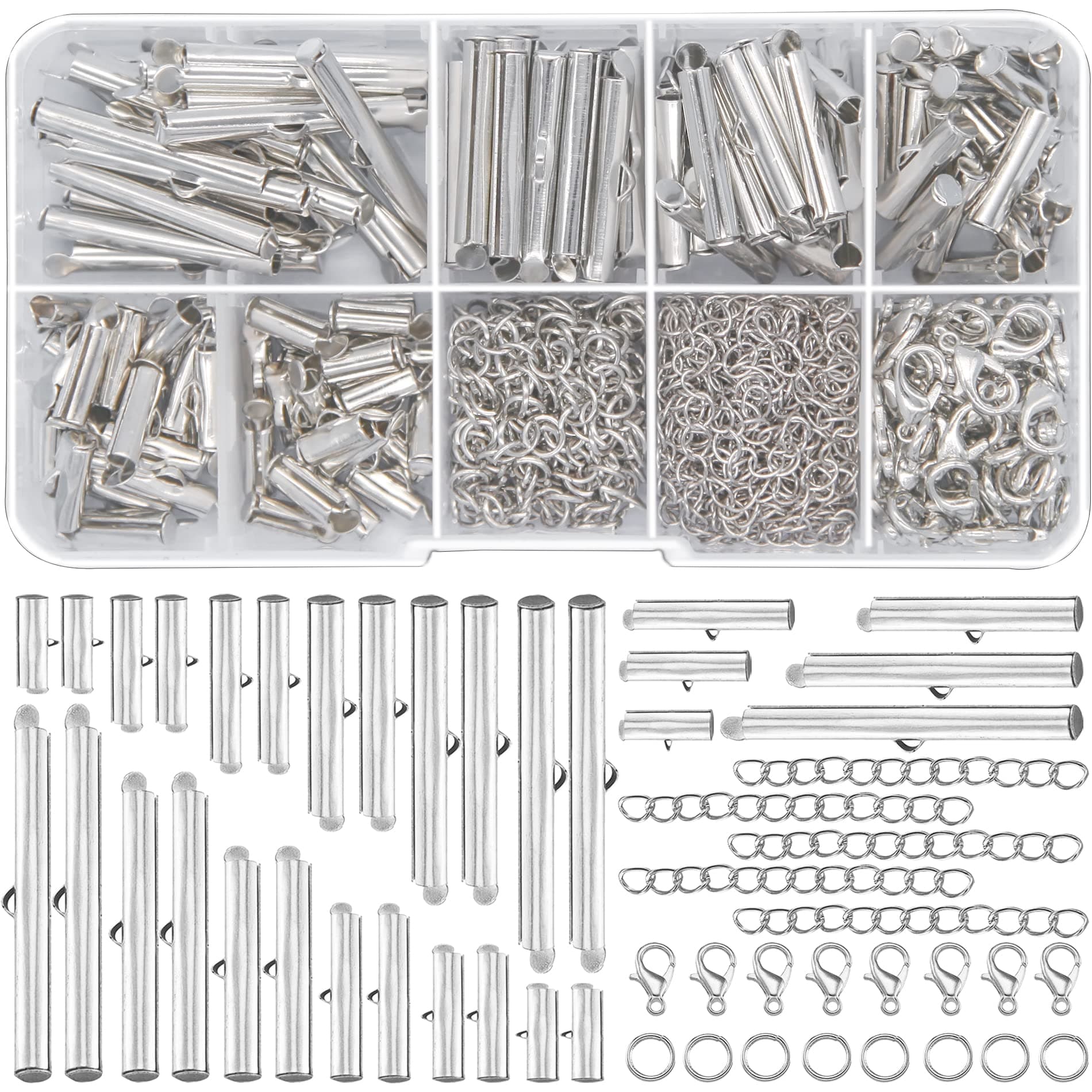 EuTengHao All Size Slider Clasp for Beading Slide Tube Cord Ends with Open Jump Ring Lobster Clasp Chain Extender Jewelry Finding Kit for Beading Necklace Bracelet Jewelry Making (6 Sizes, Silver)