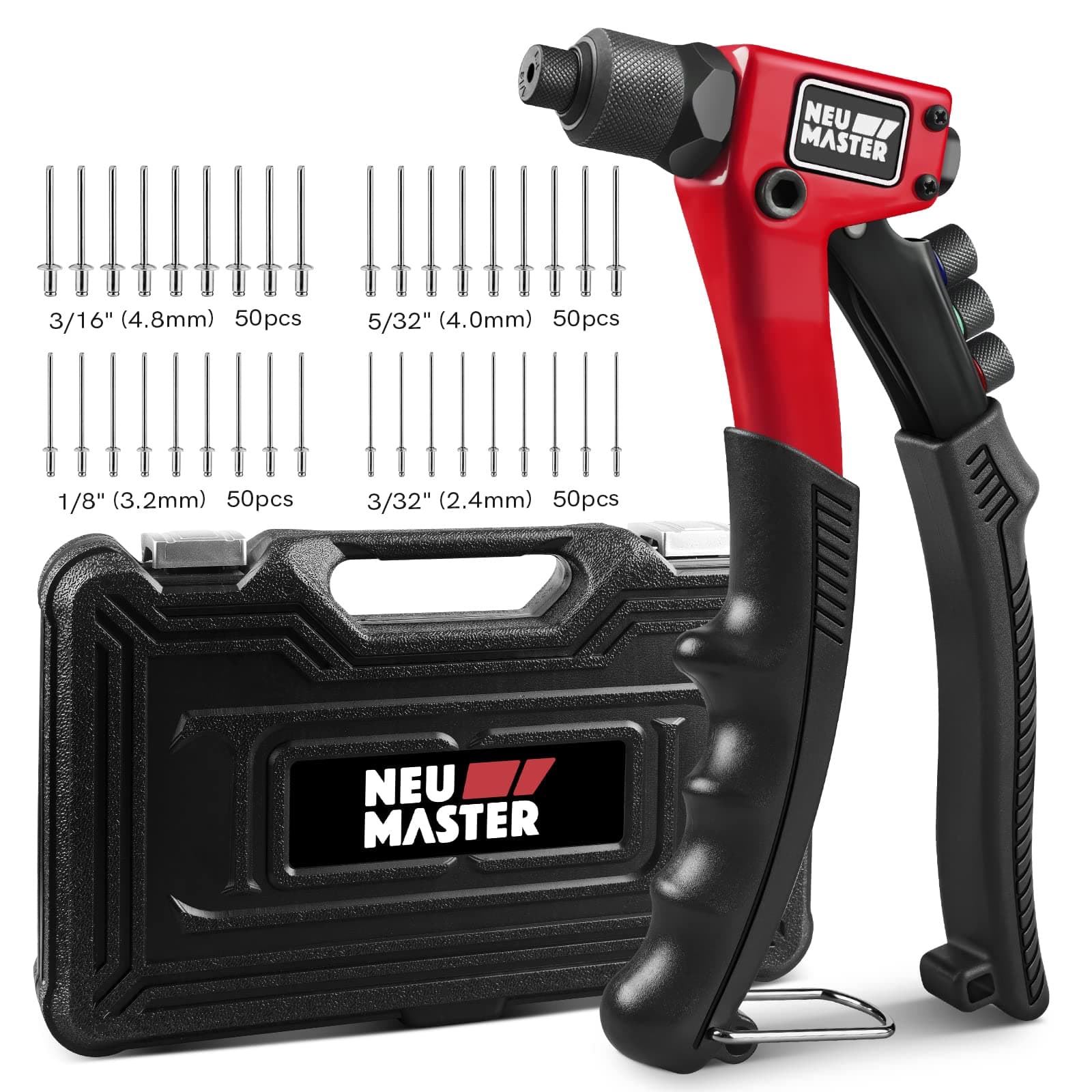 NEU MASTER Rivet Gun with 200Pcs Rivets, Manual Rivet Gun Kit with 4 Tool-Free Interchangeable Rivet Heads, BMC Case, Heavy Duty Single Hand Riveter for Plastic, Metal, Leather.