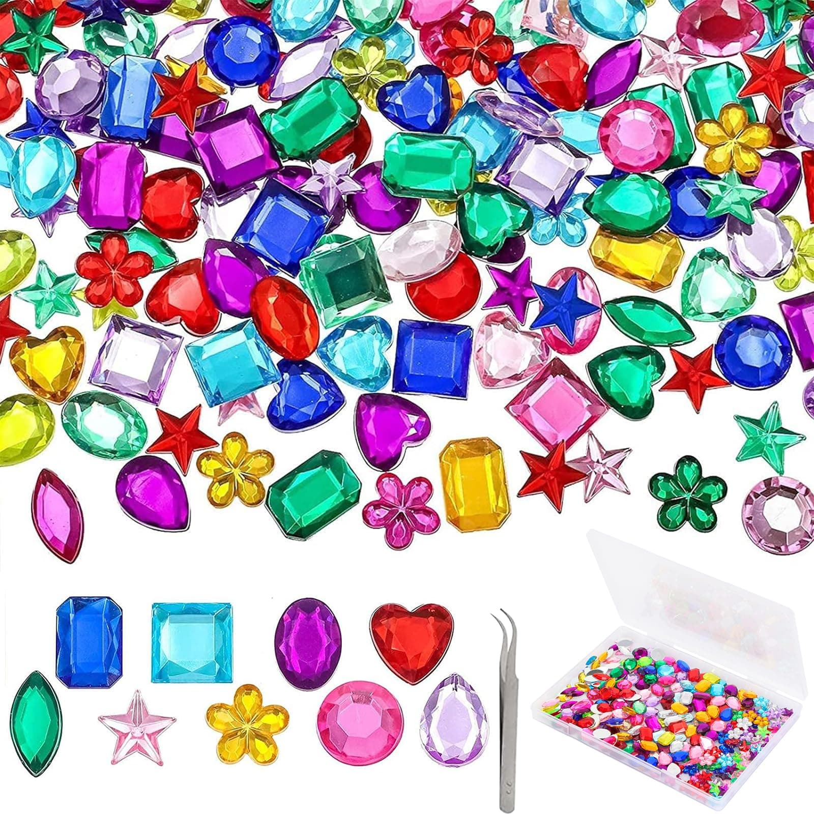 YIQIHAI 360pcs Flatback Rhinestones for Crafting, Gems Jewels for Crafts & Arts, Acrylic Gemstones for Halloween Party Decorations with Tweezers and Storage Box (10-15mm, 9 Shapes)