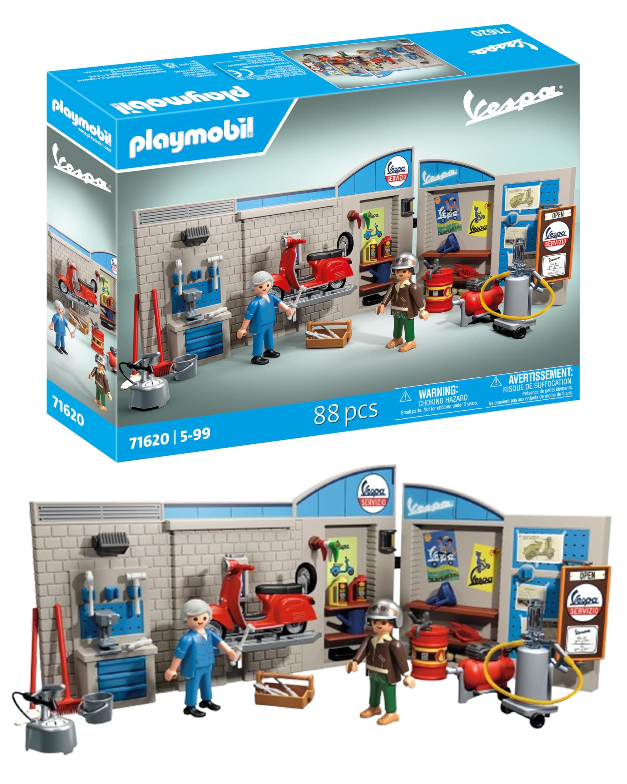 PLAYMOBIL Cars 71620 60s Vespa Garage with Moving Platform with Versatile Accessories for an Authentic Workshop for Vehicle-Enthusiastic Children and Adults