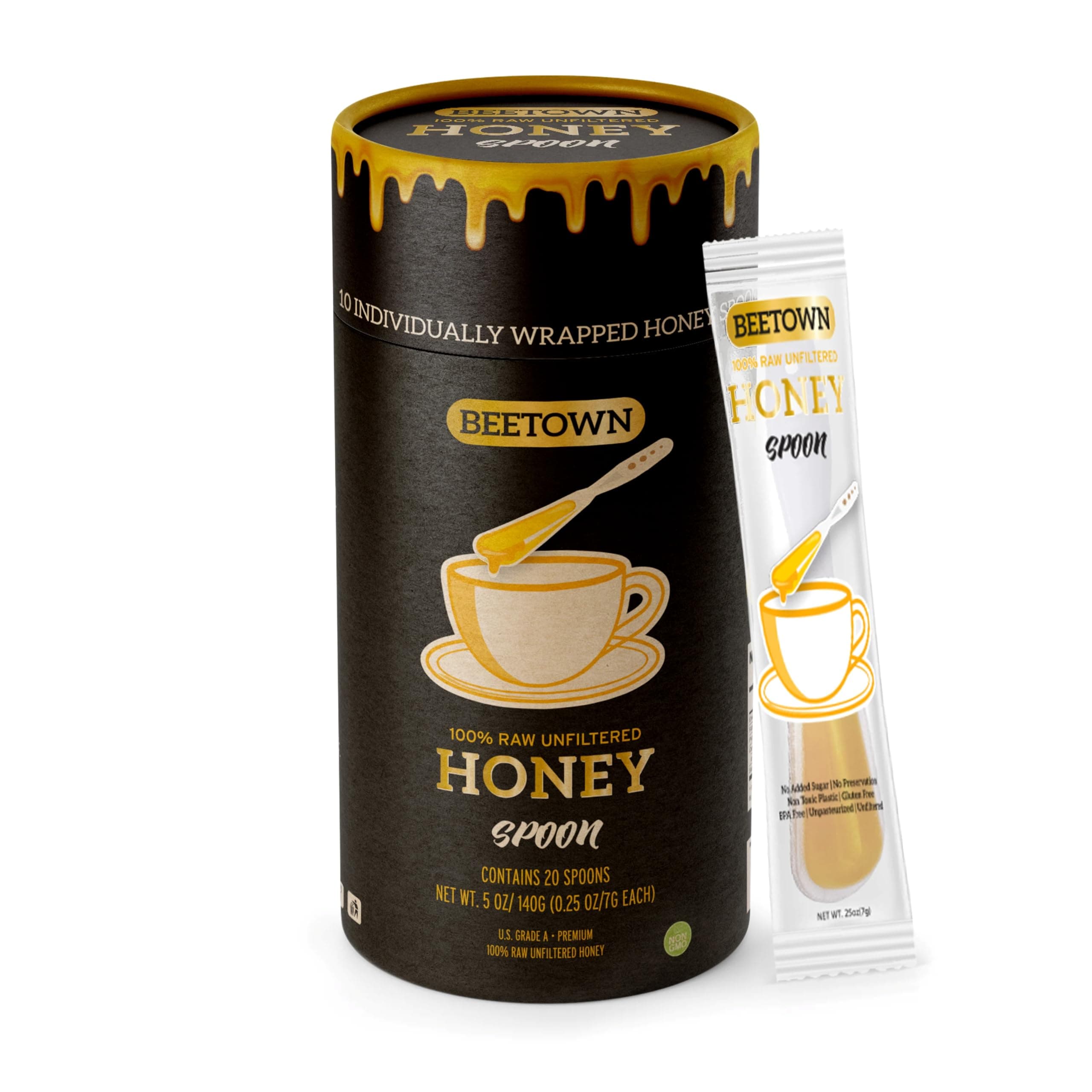 Elephant Park 100% Raw Unfiltered Honey Spoon Stirrer 20 Pack Premium US Grade A Non-GMO Individually Wrapped And Sealed On The Go Single Serve Natural Sweetener