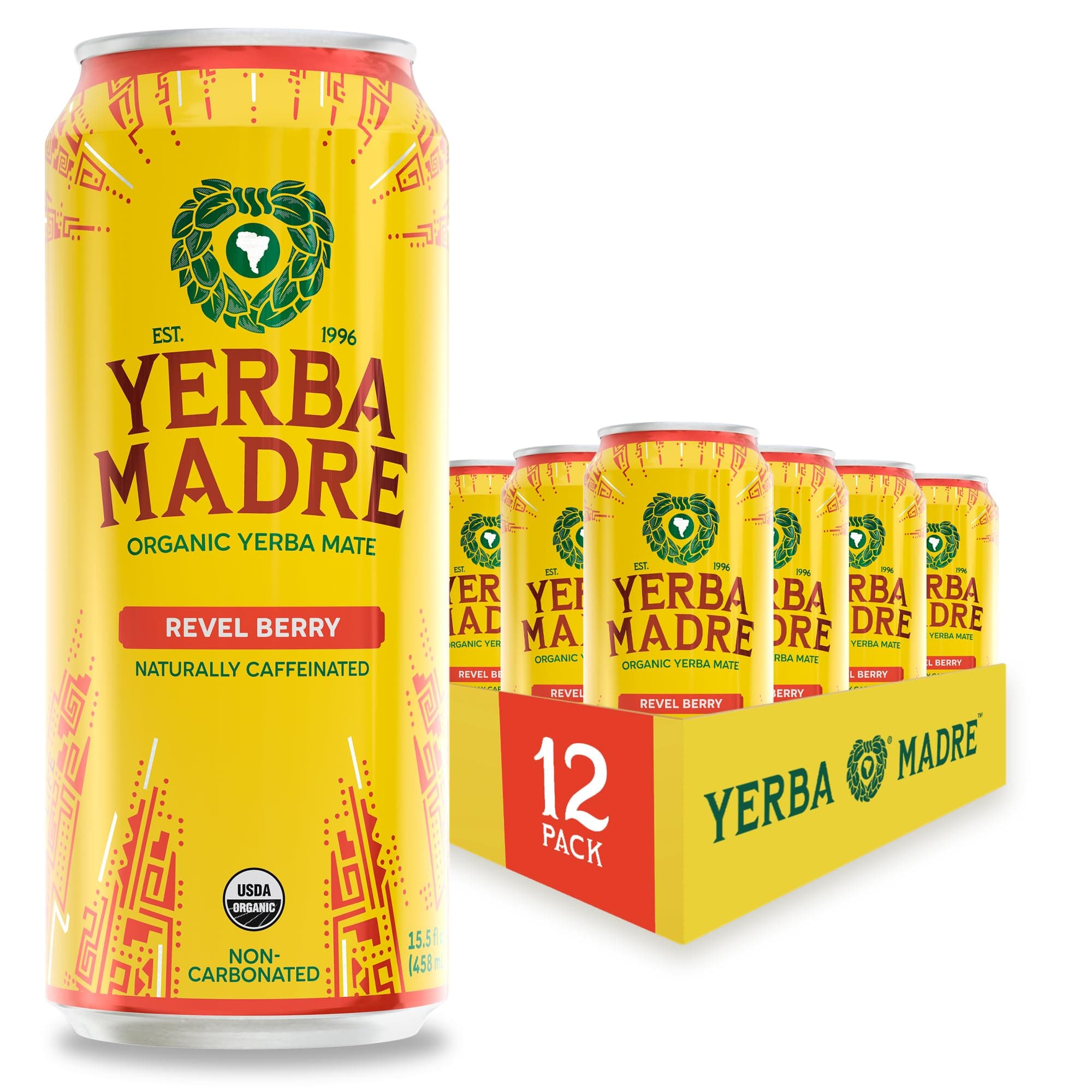 Yerba Madre Organic Yerba Mate, Revel Berry, 150mg Natural Caffeine, Energy Drink Alternative, No Jitters or Crash, 15.5 Oz Cans (Pack of 12)