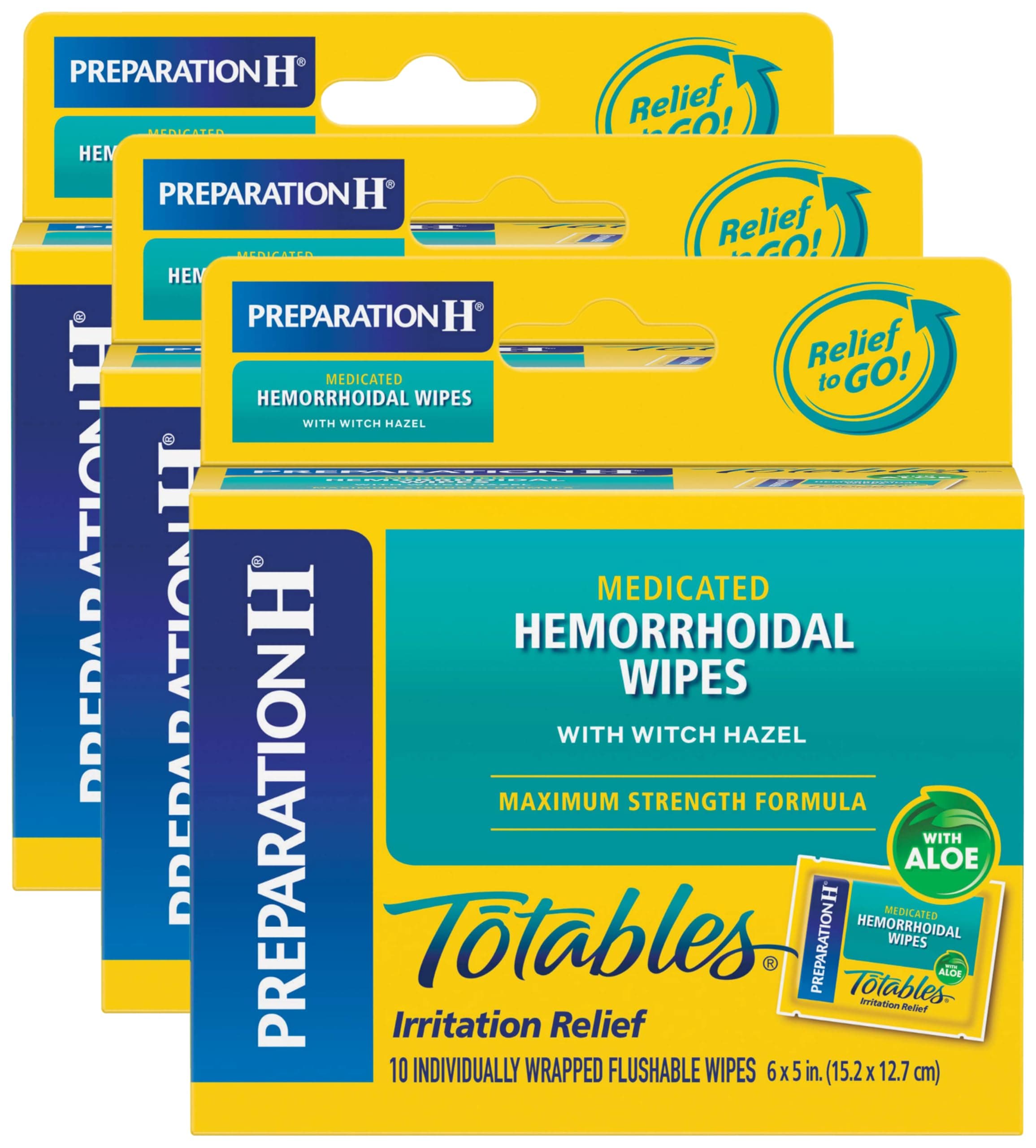 Preparation H Totables Hemorrhoid Flushable Wipes with Witch Hazel for Skin Irritation Relief - 10 Count (Pack of 3)