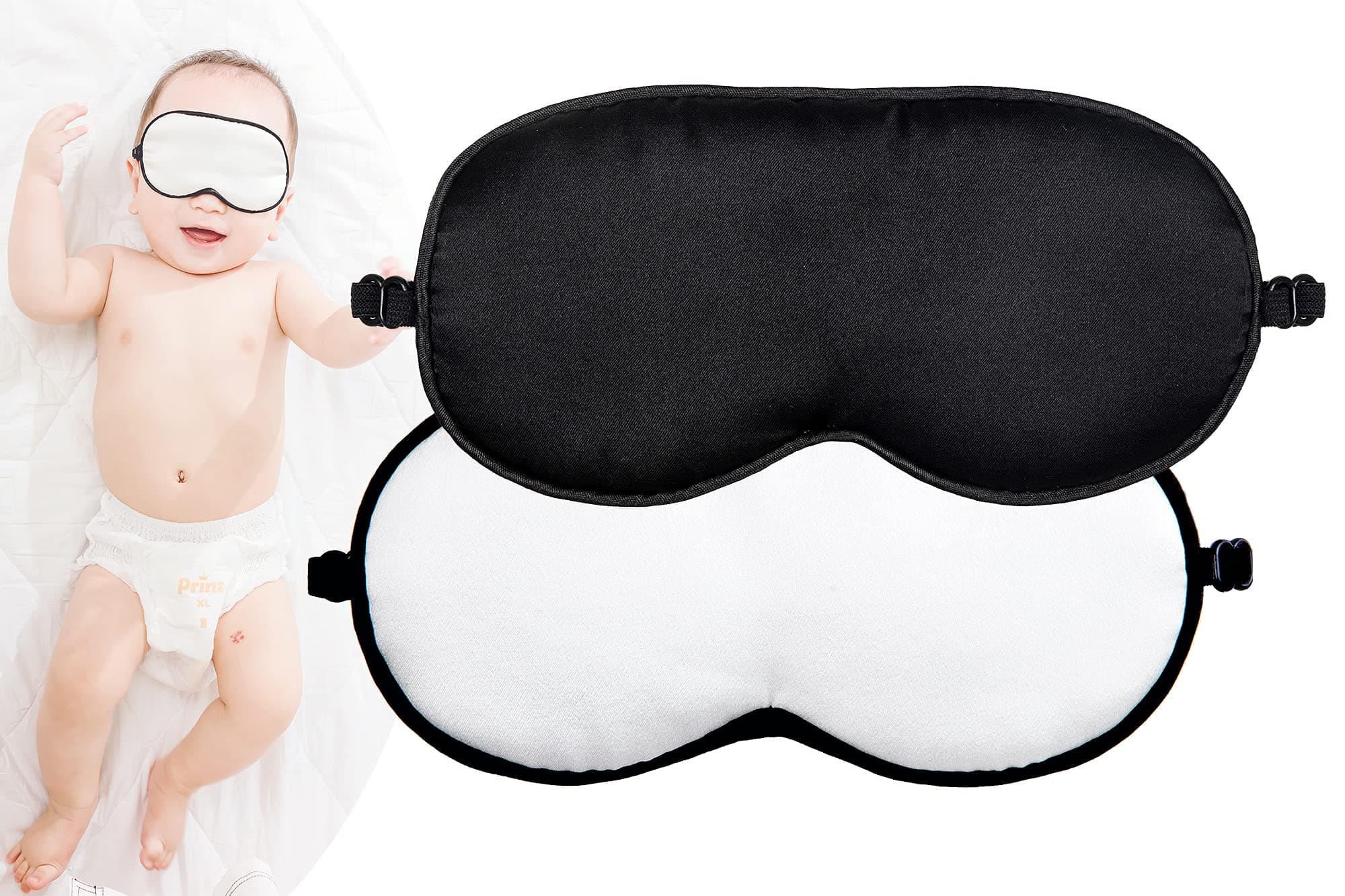 Mulberry Silk Sleep Mask with Adjustable Strap for Kids,Cute Sleeping Eye Mask for Newborns, 2 Packs Black&White