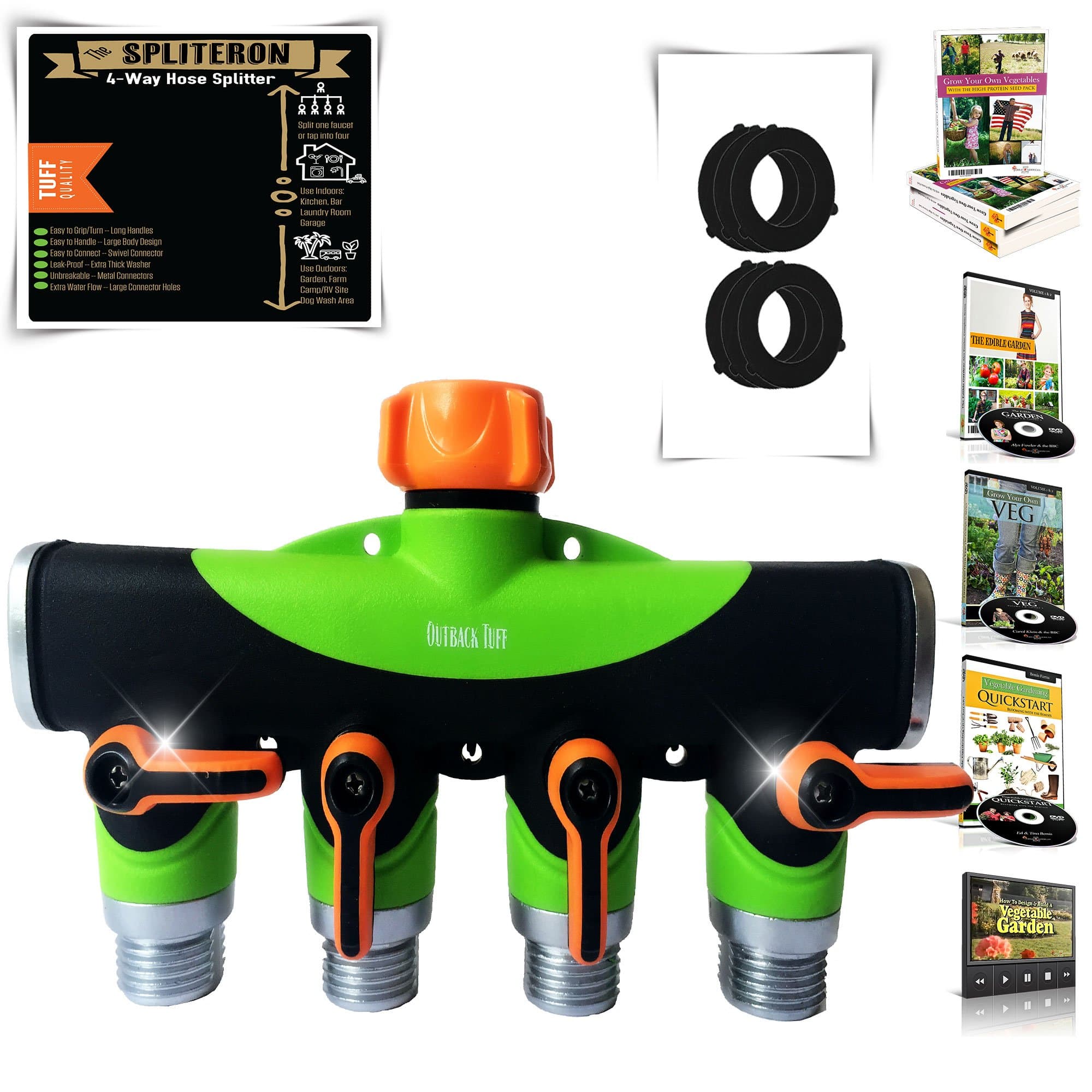 Spliteron 4 Way Hose Connector Fittings - Extra Large Body (8 x 4.63 in.,) Handles (1.63 in.,) & Water Holes + 6 Washers