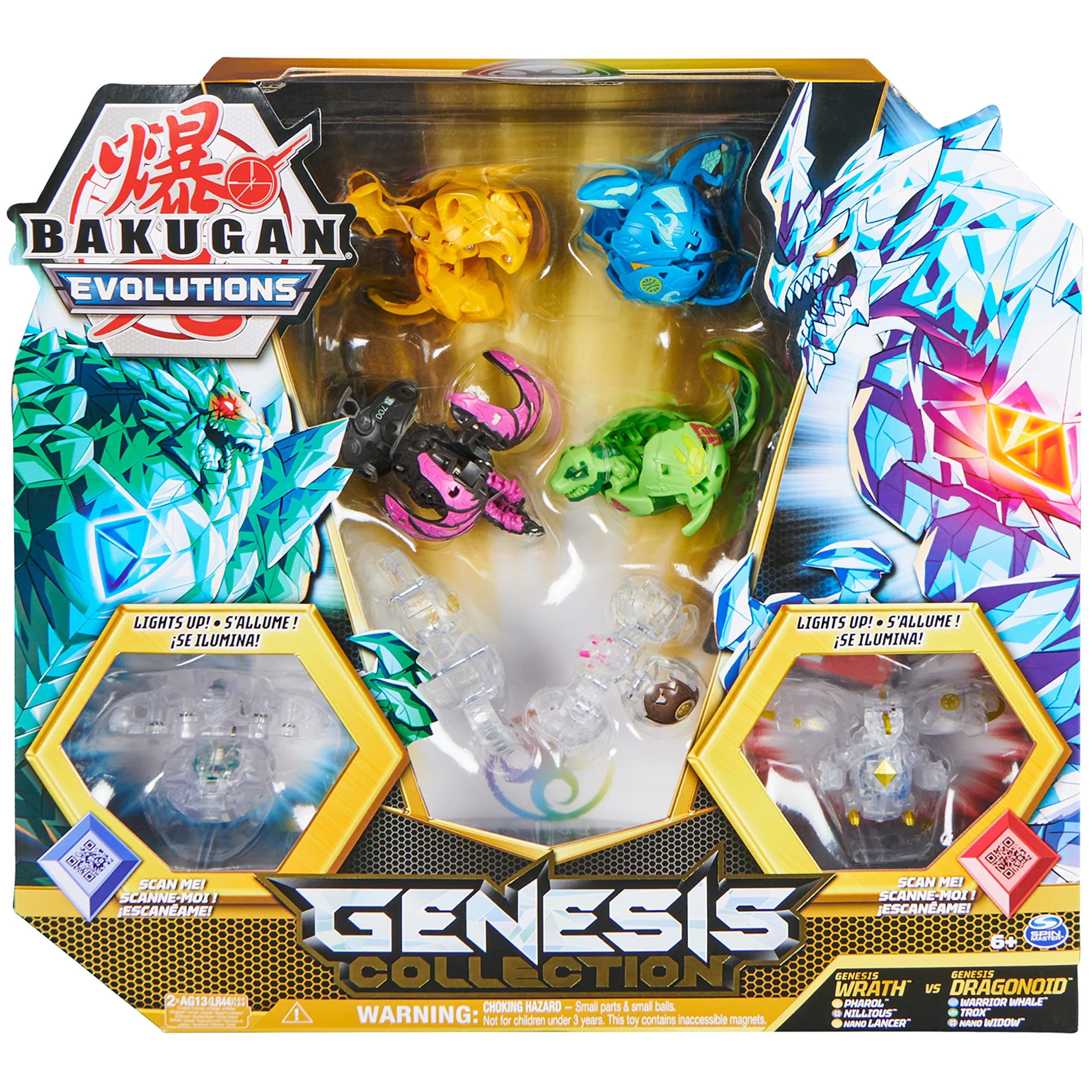 Evolutions Genesis Collection Pack - 2 Light Up Action Figures, 4 Exclusive Bakugan, 2 Nanogan, 8 Cards, 4 BakuCores - Kids Toys for Boys Ages 6 and Up