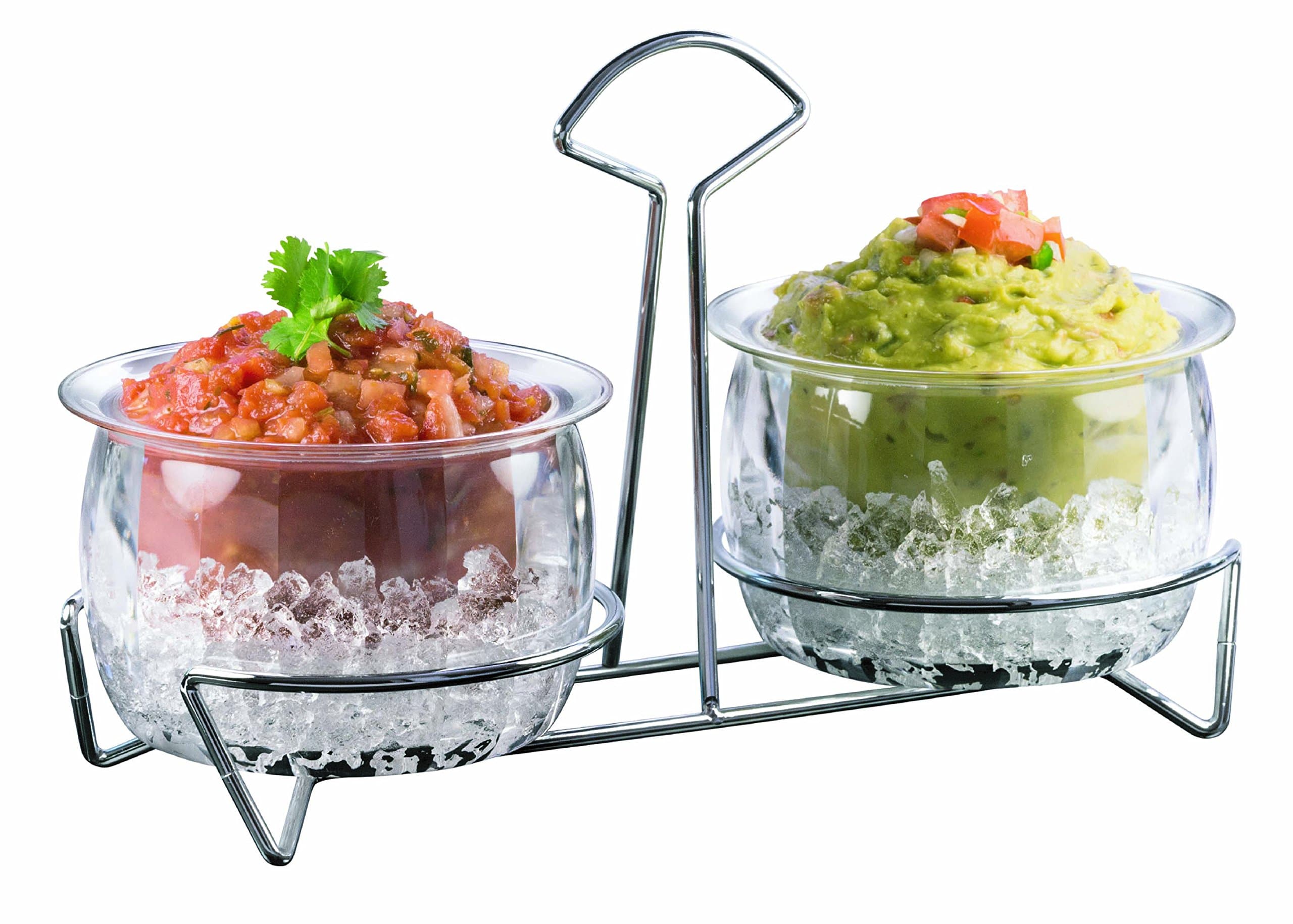 Twin Chips and Dip Server, Chilled Condiment Server On Ice, Cold Food Chiller Serving Bowls, Non-Toxic BPA-Free Shatterproof Clear Acrylic Containers, Stylish Heavy-Duty Chrome Caddy