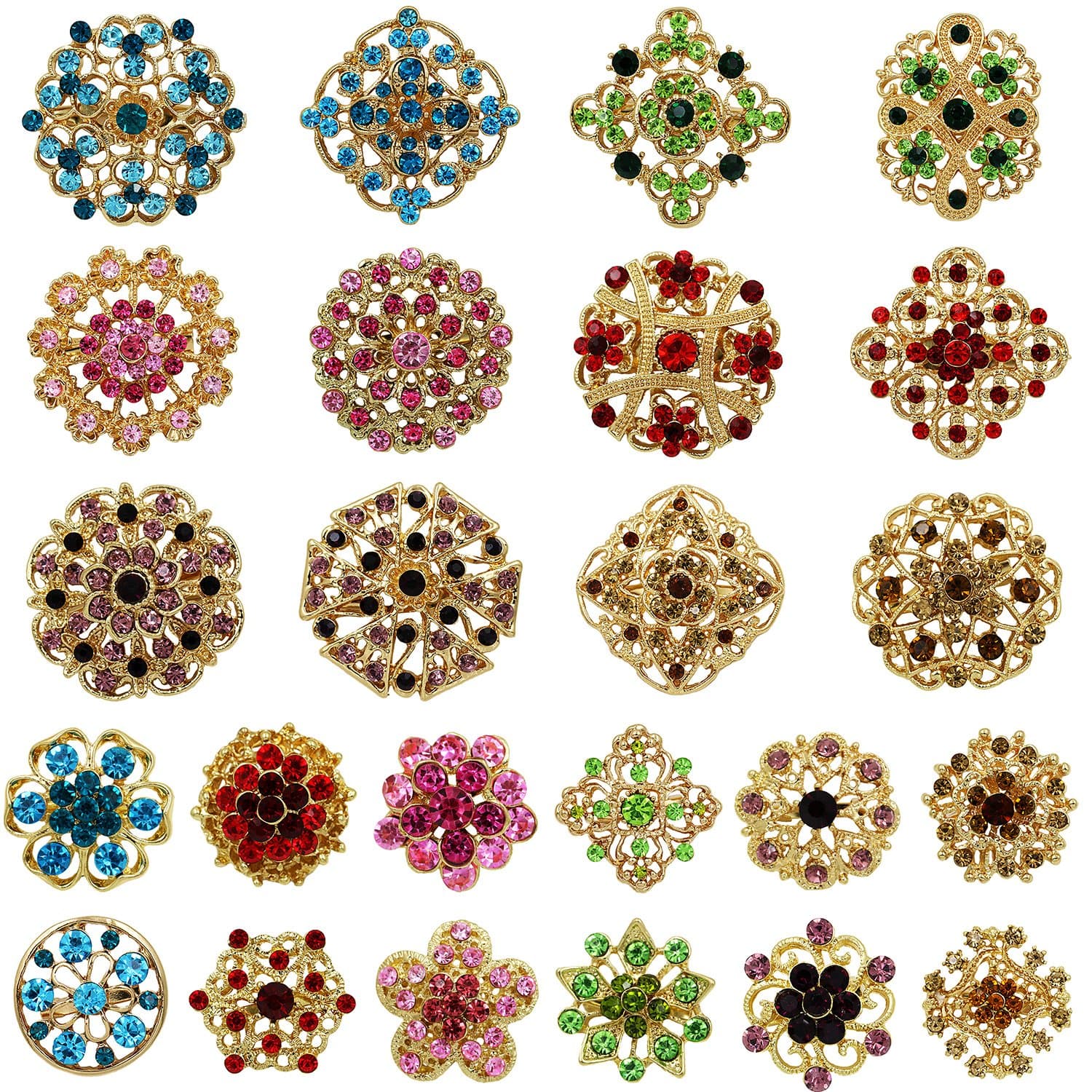 Lot 24pc Mixed Color Rhinestone Crystal Flower Brooches Pins