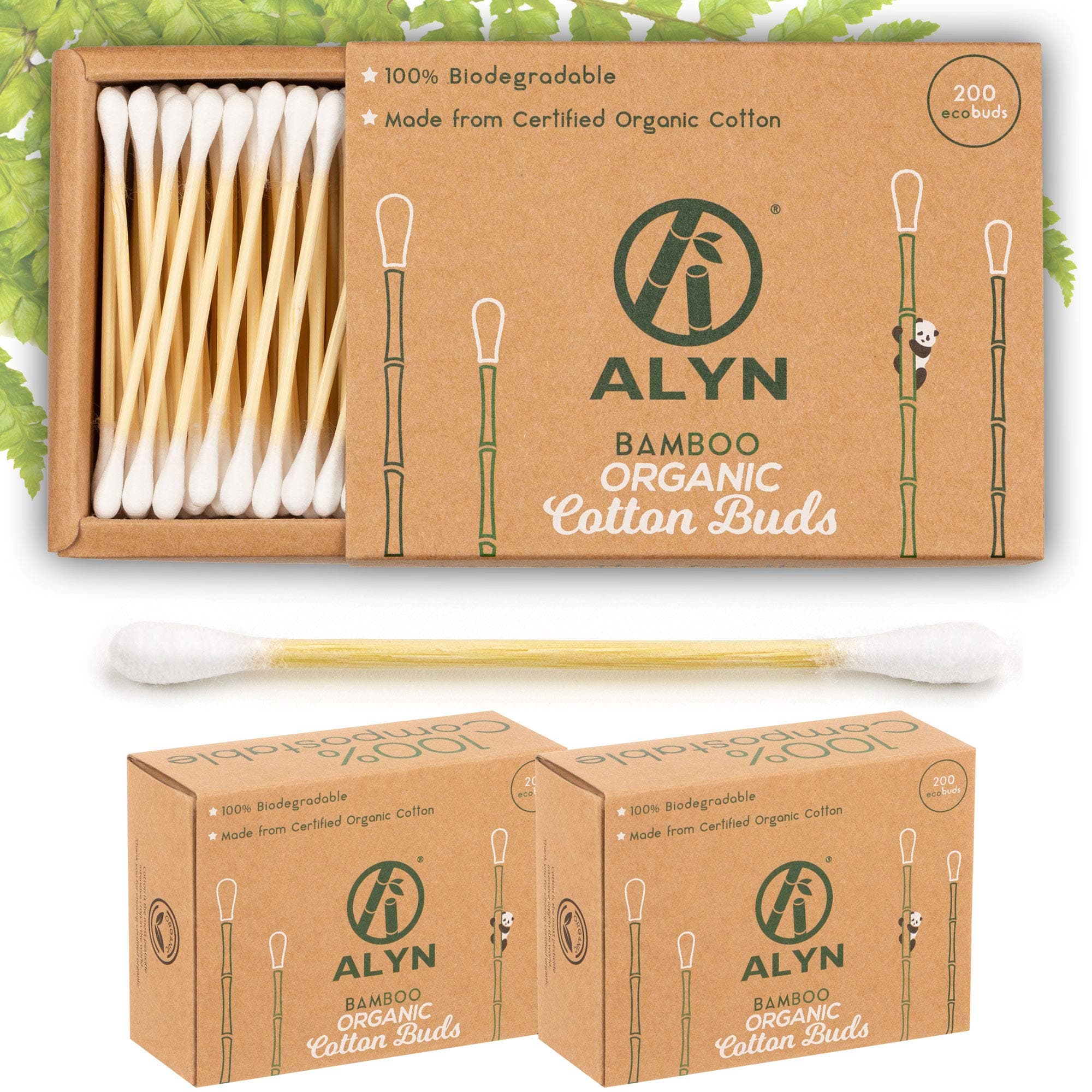 Alyn Bamboo Cotton Buds | Pack of 2 (400 Pieces) | Organic GOTS Certified Wool | 100% Biodegradable Wooden Ear Swabs | Sustainable & Vegan Qtips | Plastic Free Environmentally Clean Packaging
