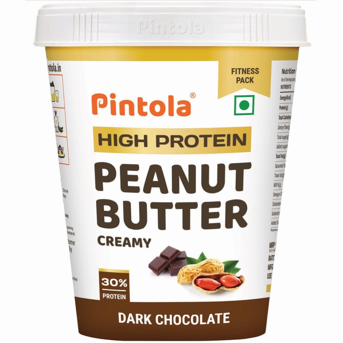 Pintola High Protein Peanut Butter (Dark Chocolate) (Creamy, 1kg) | 30% Protein | High Fiber | No Salt 1kg (1 Pack)