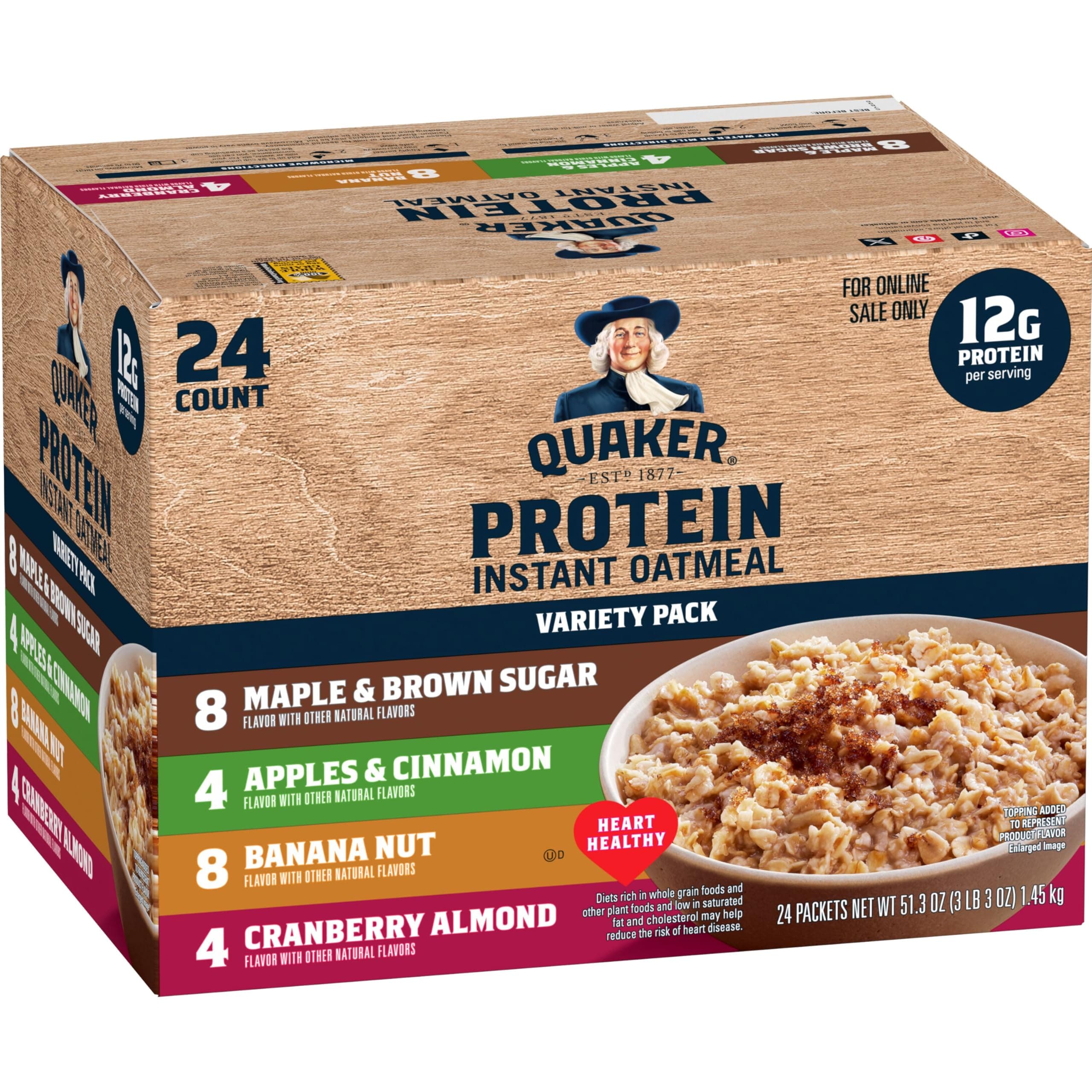 Quaker Instant Oatmeal, Protein 4 Flavor Variety Pack, 7g+ Protein, Individual Packets, 24 Count