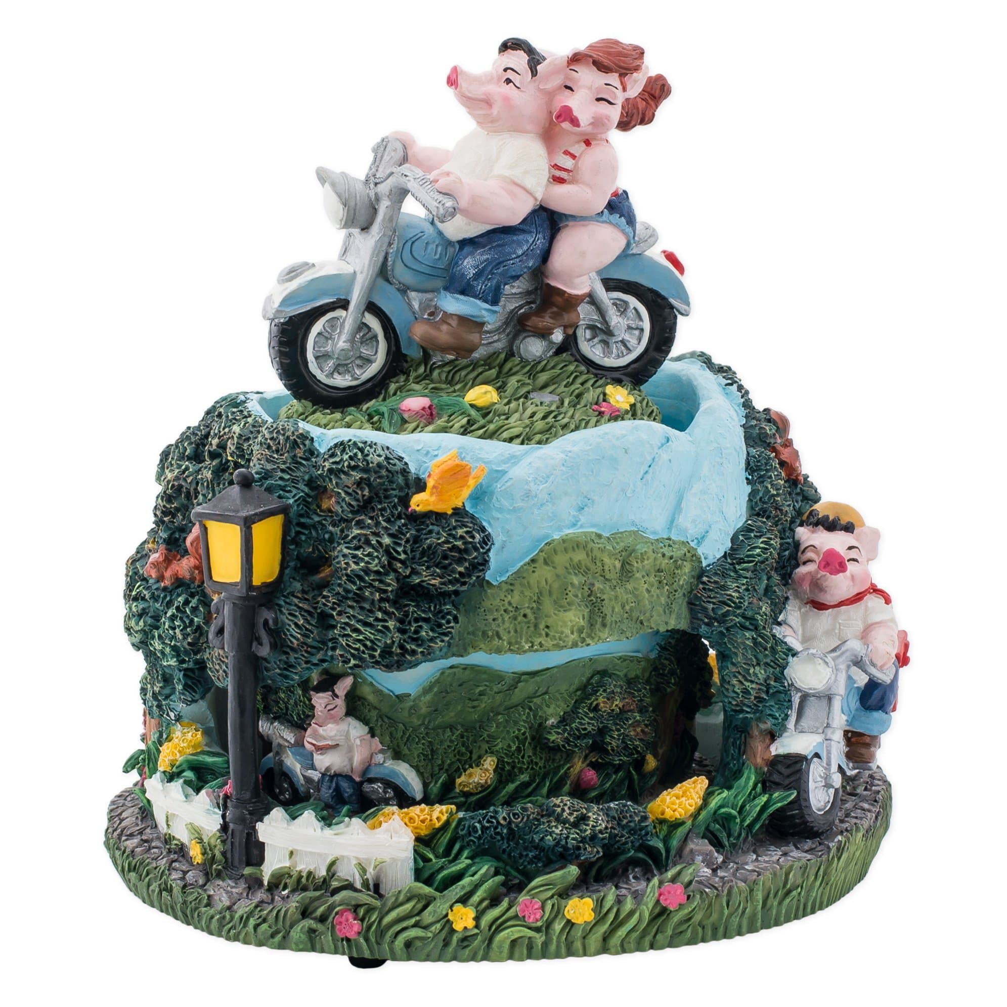 HOGs on Motorcycle - Pig, Double Revolving Music box , Harley HOG, 6 3/4" High, Stone Like Resin Plays Tune King of the Road