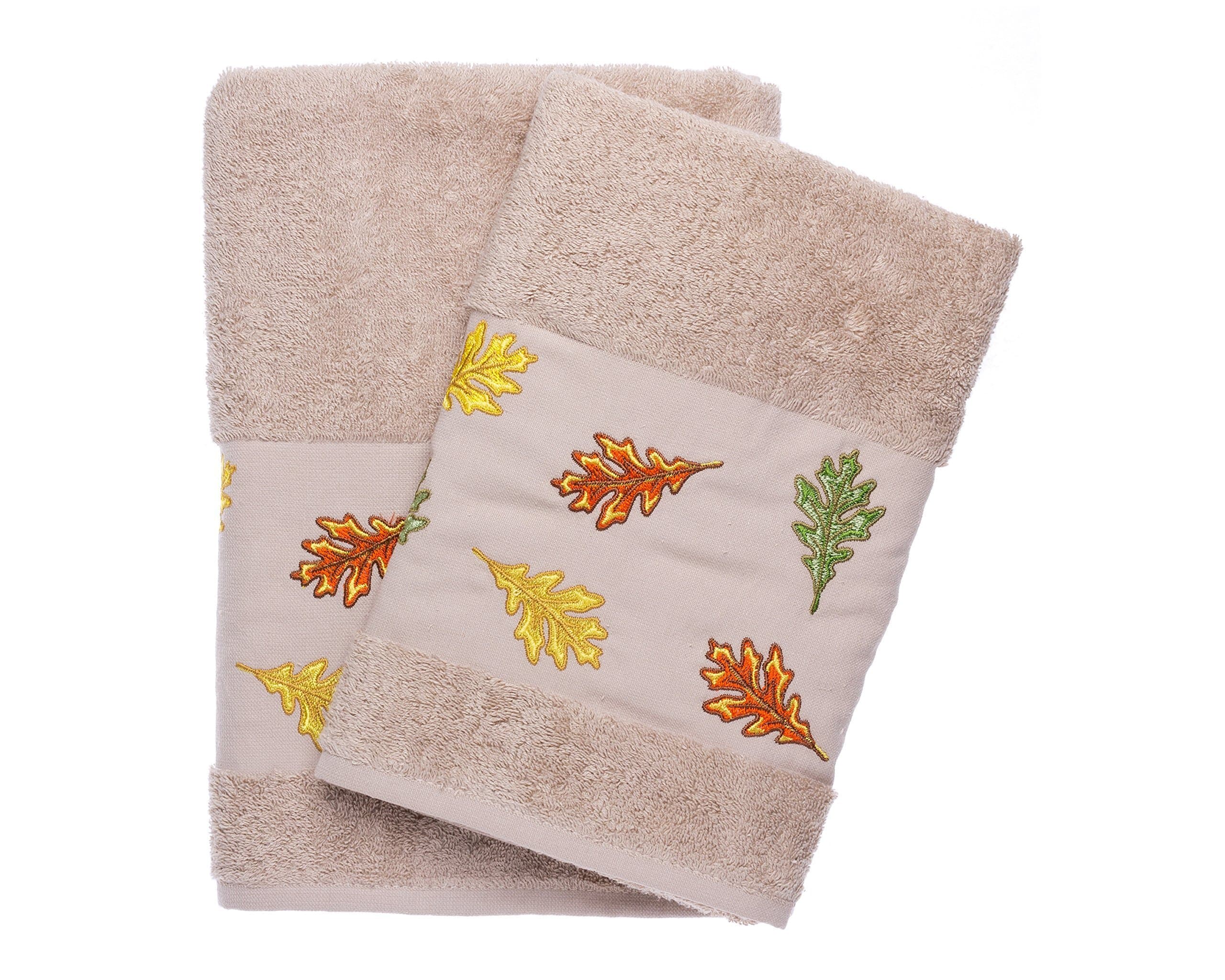 Ebru Autumn Leaves Embroidered Bath & Hand Towel Set Bathroom%100 Turkish Cotton
