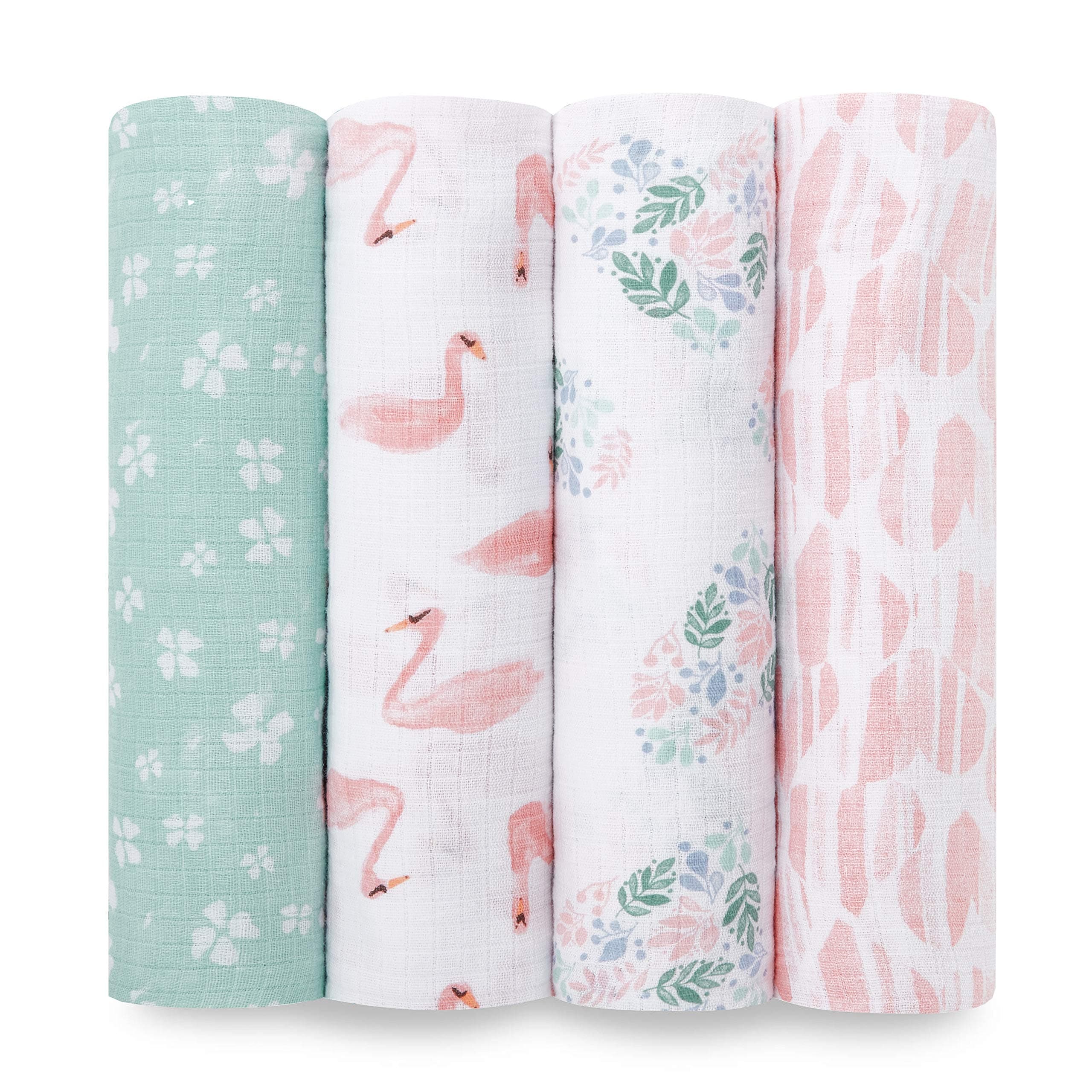 aden + anais Essentials Muslin Swaddle Blankets for Baby Girls and Boys, Newborn Receiving Blanket for Swaddling, 100% Cotton Baby Swaddle Wrap, 4 Pack, Floral, Briar Rose