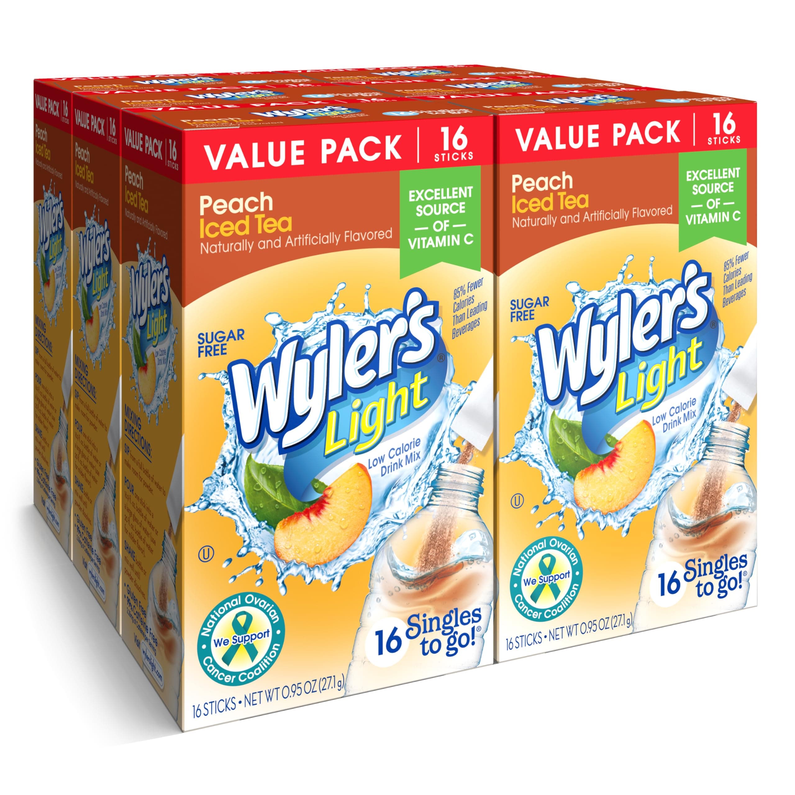 Wyler's Light Singles To Go Powder Packets, Water Drink Mix, Peach Iced Tea, 16 Count, 6 Boxes (96 Single Servings)