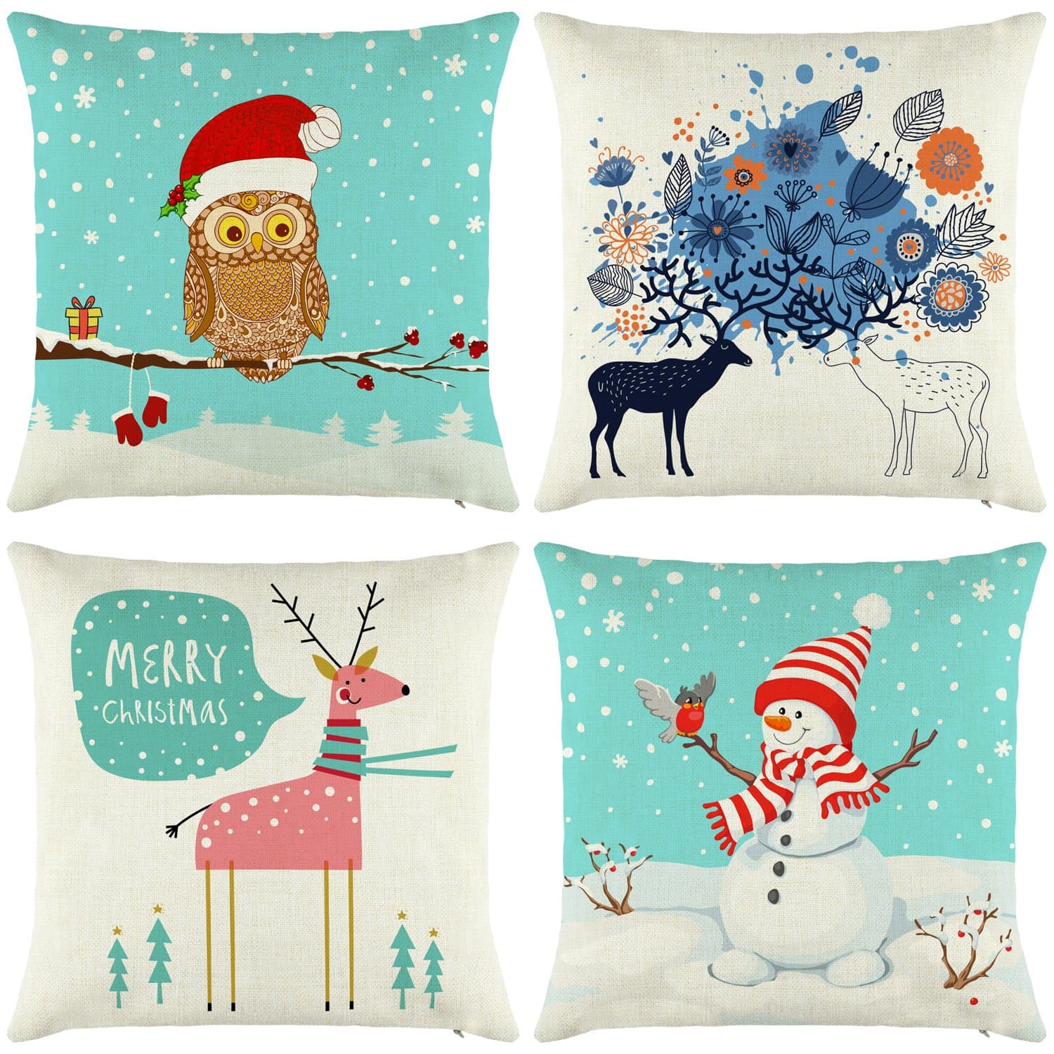 Elyhome Christmas Pillow Covers 18x18 Decorative Square Cushion Throw Pillowcase Set of 4 Cotton Linen Blend Owl Reindeer Snowman Robin